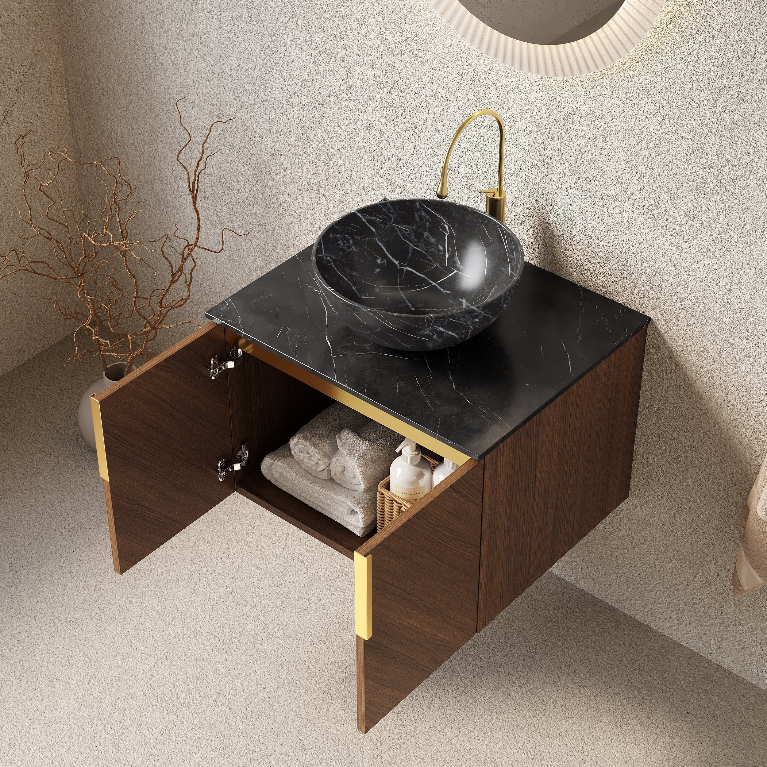 Wall-Mounted Bathroom Vanity Unit with Ceramic Bowl and Sintered Stone Countertop, Espresso Wood Grain