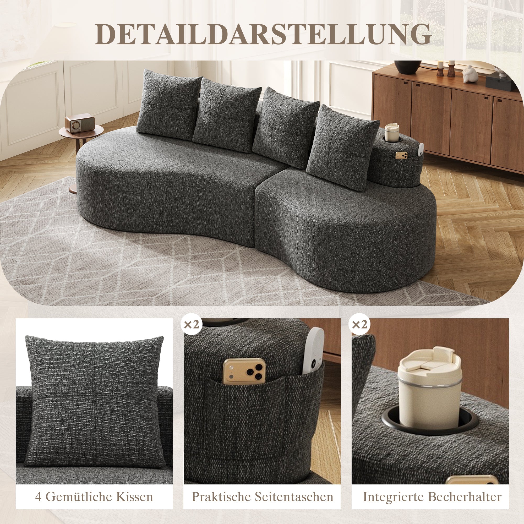 Linen Sofa with 4 Cushions, Cup Holder and Side Pocket, Dark Grey