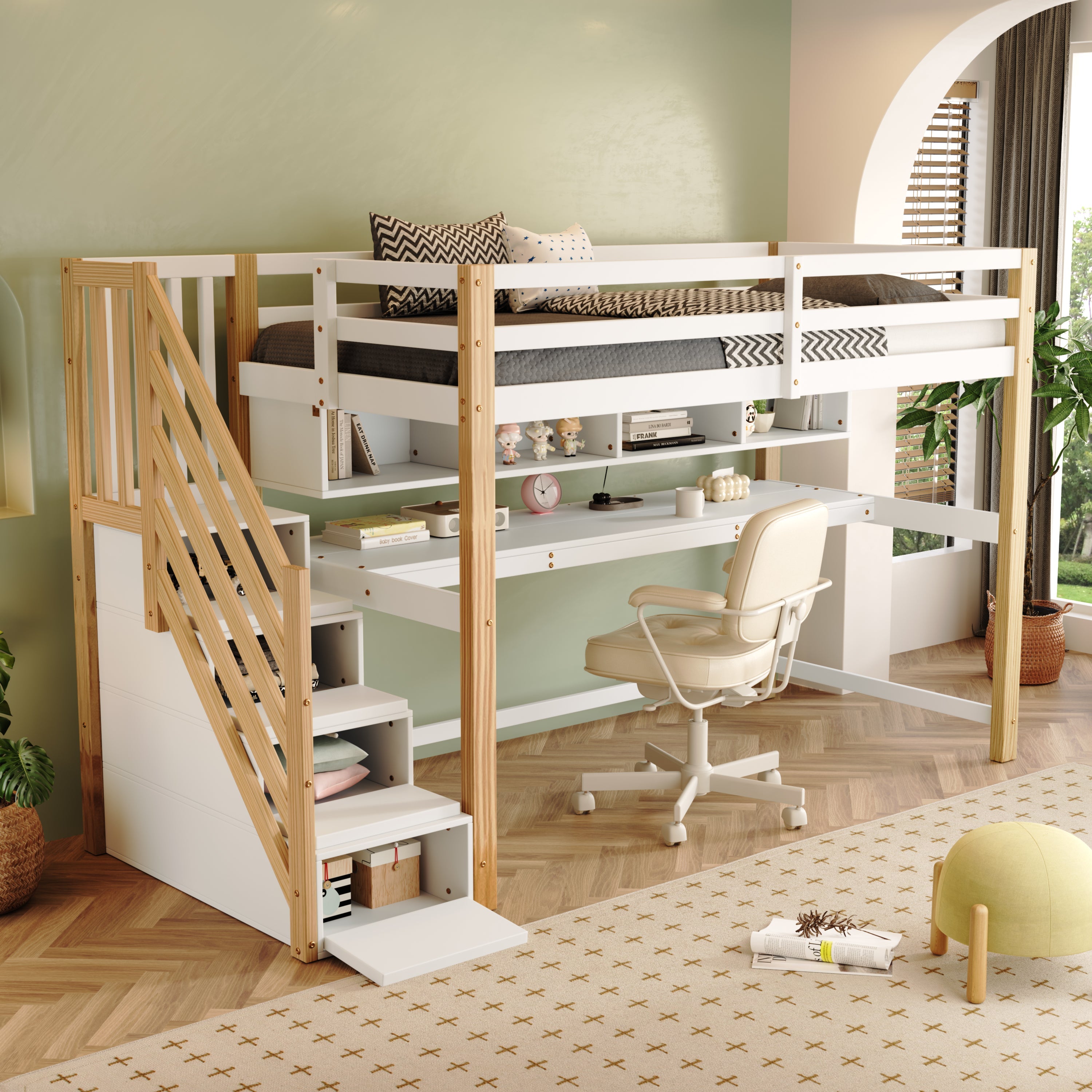 Children's Loft Bed with Large Desk and Shelves, Natural and White