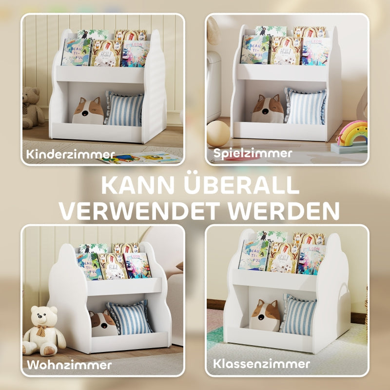 Children's Bookshelf 2-Tier 4 Shelves with Wheels - White