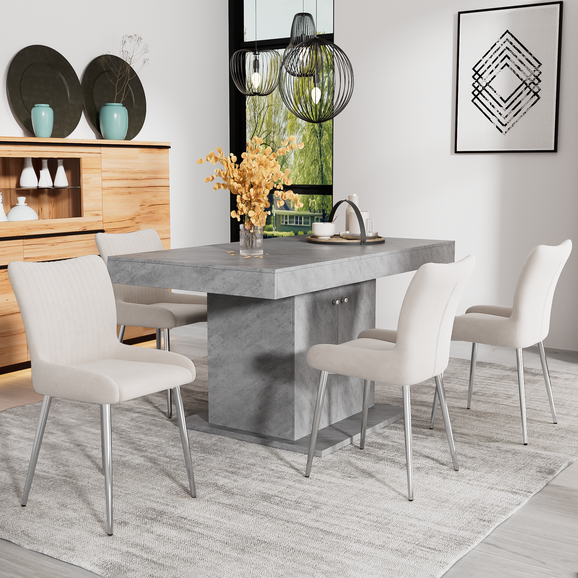 Velvet Dining Chair Set of 6 with Silver Metal Legs and Lumbar Support, Beige