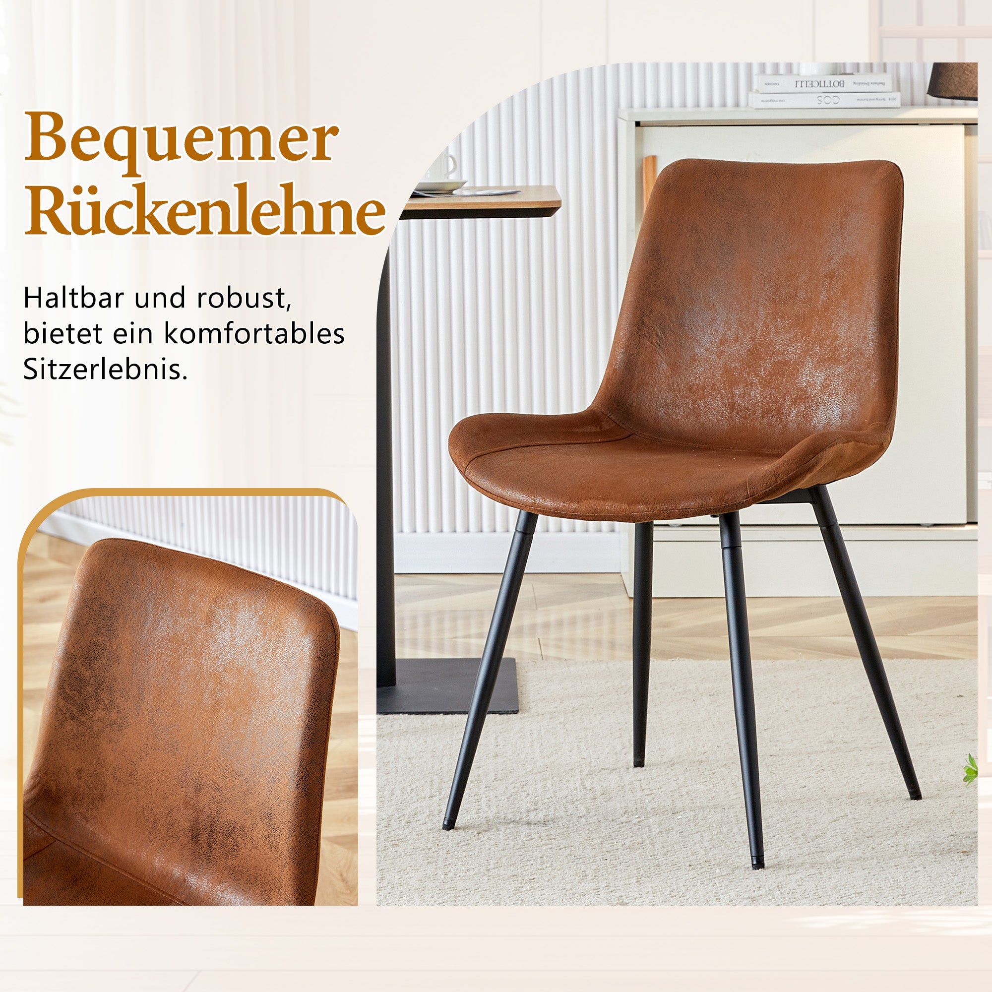 Minimalist Round Dining Set 100cm Table 4 Chairs MDF Wood Look/Brown Fabric