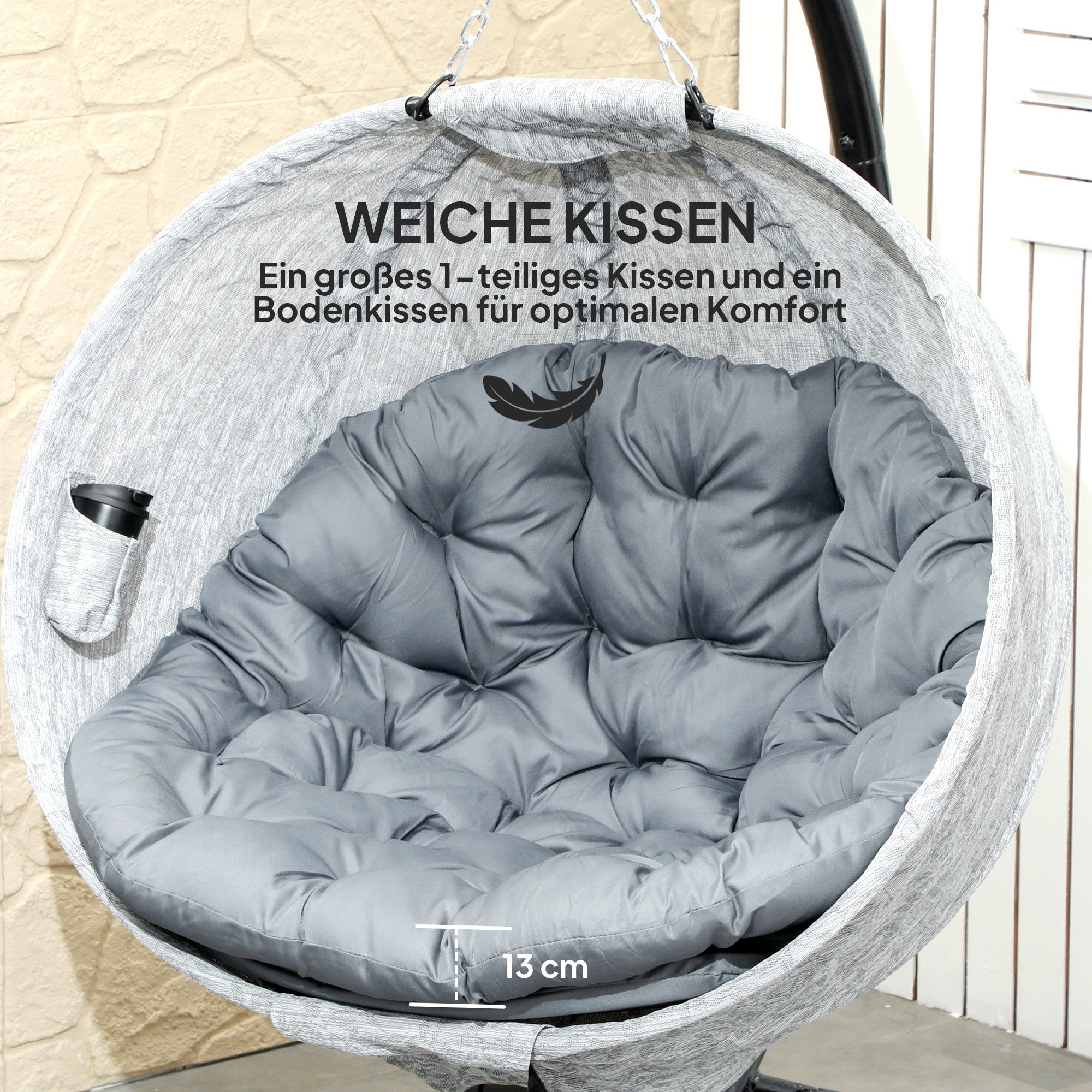 Eiförmiger Outdoor-Hängesessel, klappbare Schaukel mit Getränkehalter, Grau