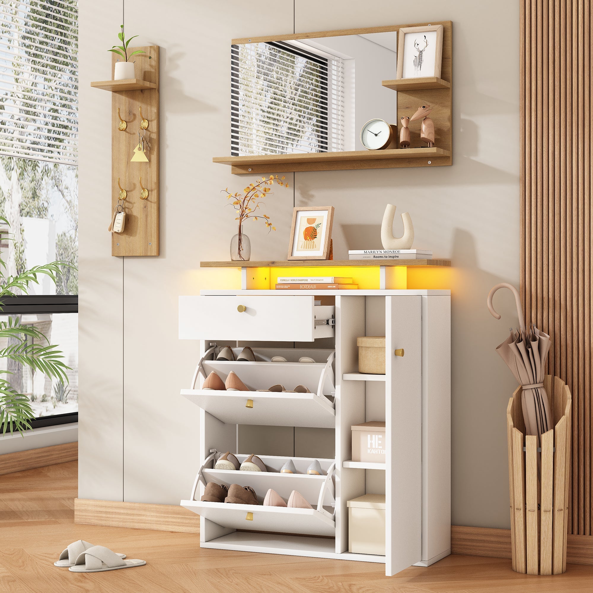 Hallway Wardrobe Set with LED Mirror, Hat Shelf and Shoe Cabinet, Natural and White