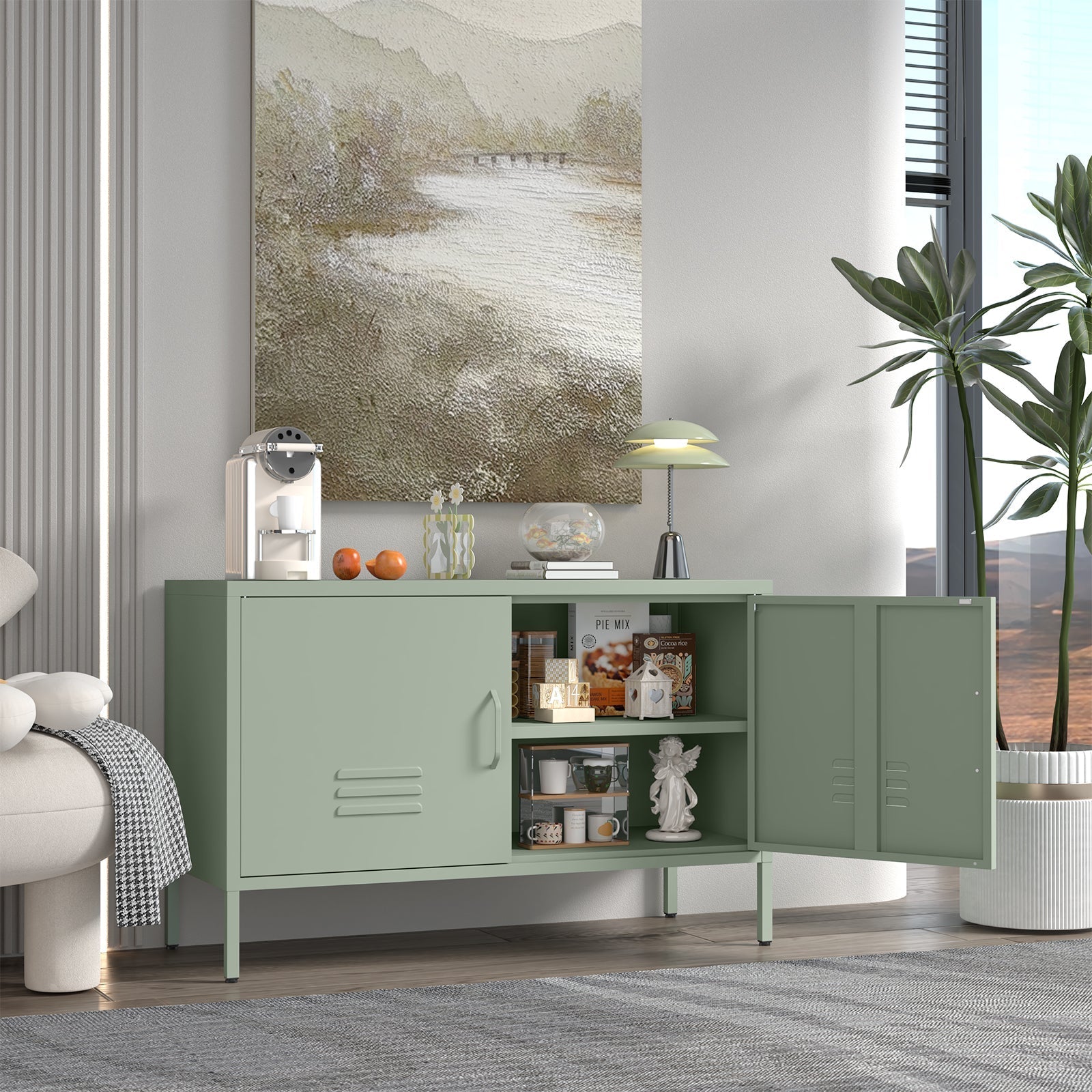 Metal Storage Cabinet with Adjustable Dividers and Cable Management, Green