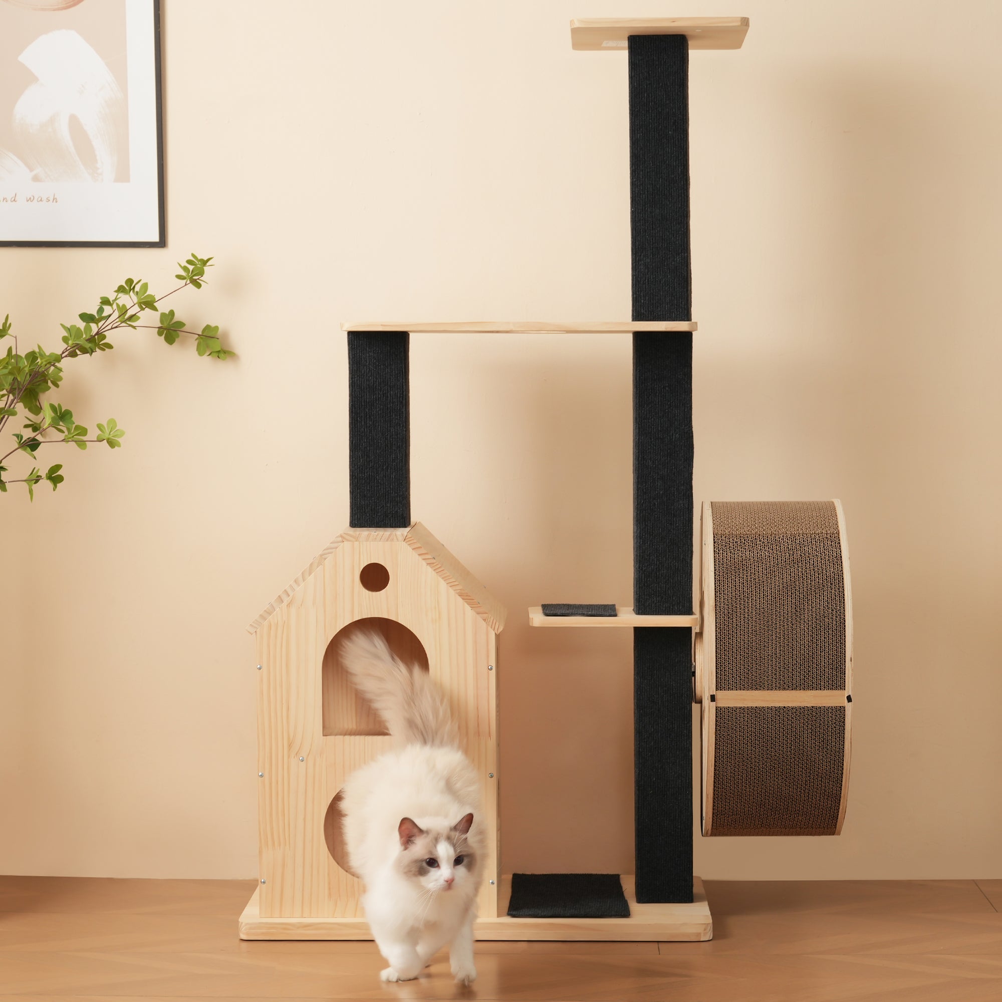 Solid Wood Cat Tree with Exercise Wheel, 4 Platforms, 2 Houses, Sisal Posts, 80×40×152 cm
