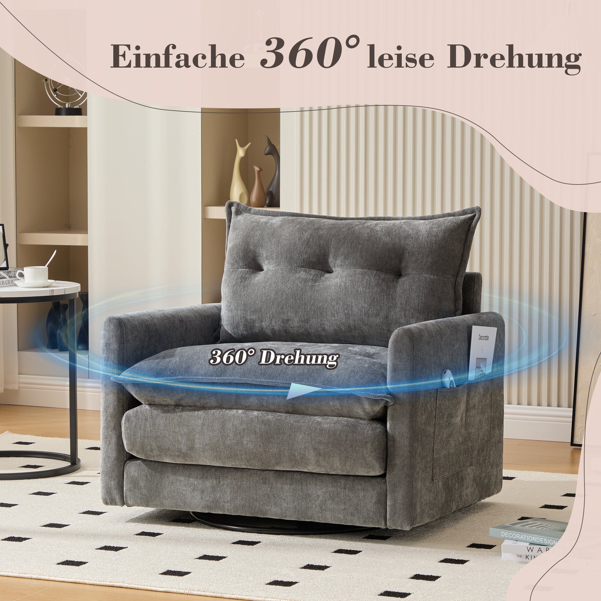 Lounge Chair, 360° Rotating Single Sofa with Armrests & Cushions, Modern Style