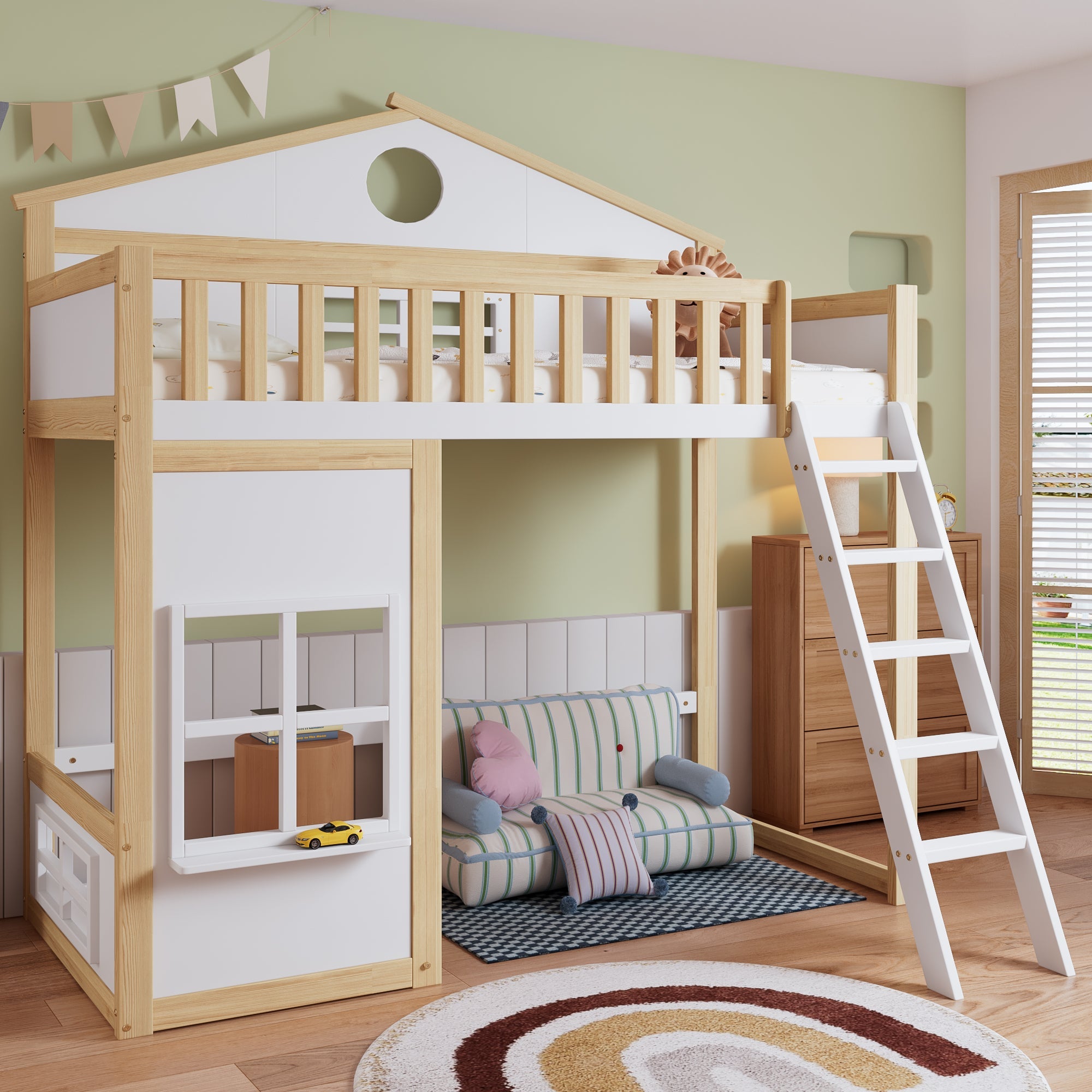 Bunk Bed, House Bed with Stairs & Rails, Pine+MDF, White+Natural