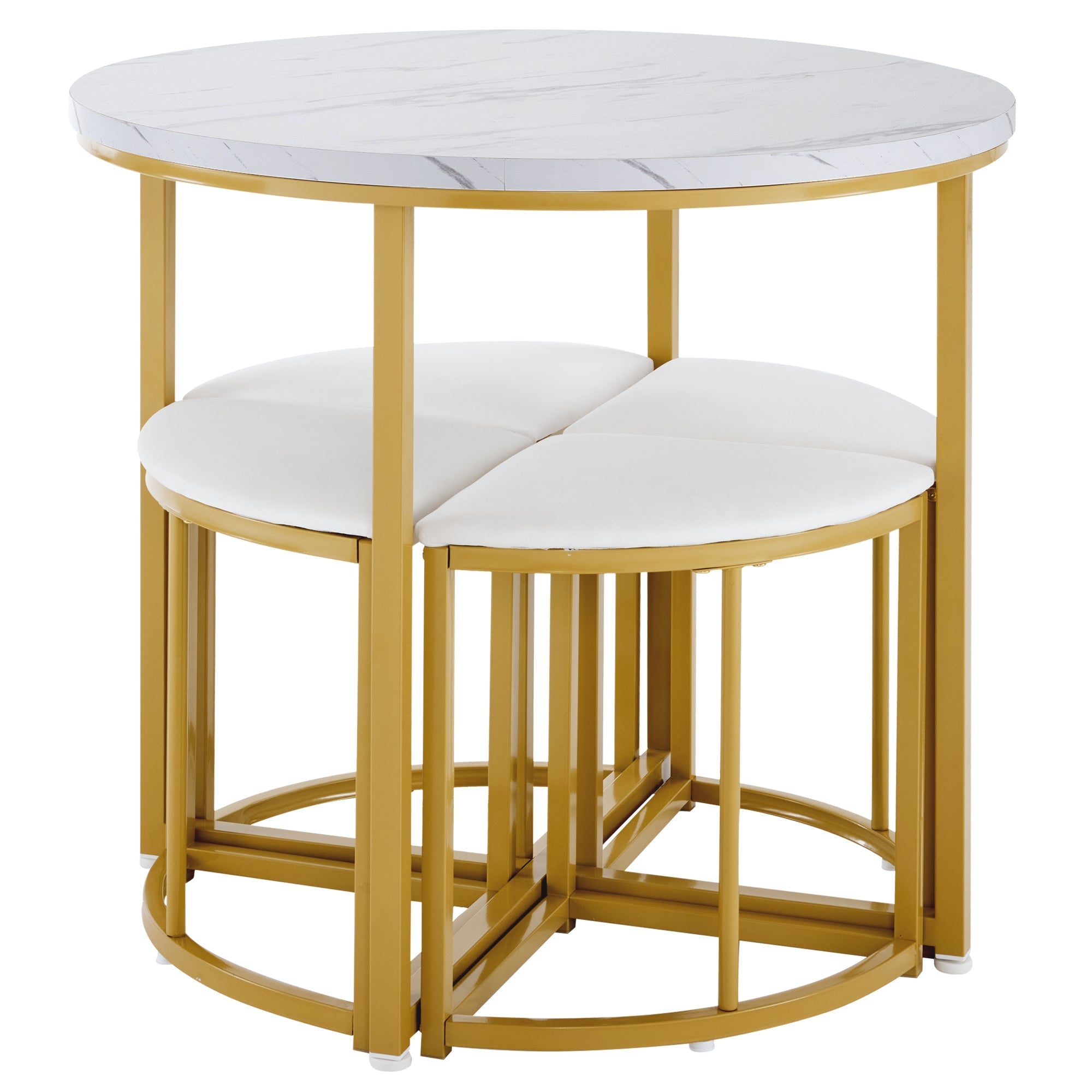 Dining Table Set with 4 Chairs, Modern Luxury MDF Gilded Iron Velvet, White