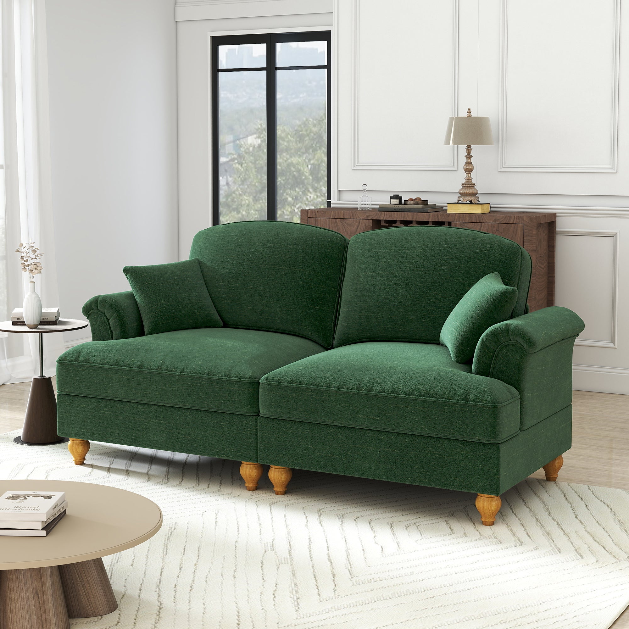 2-Seater Sofa Mid-Century Modern Flared Armrests Wooden Legs - Chenille Green
