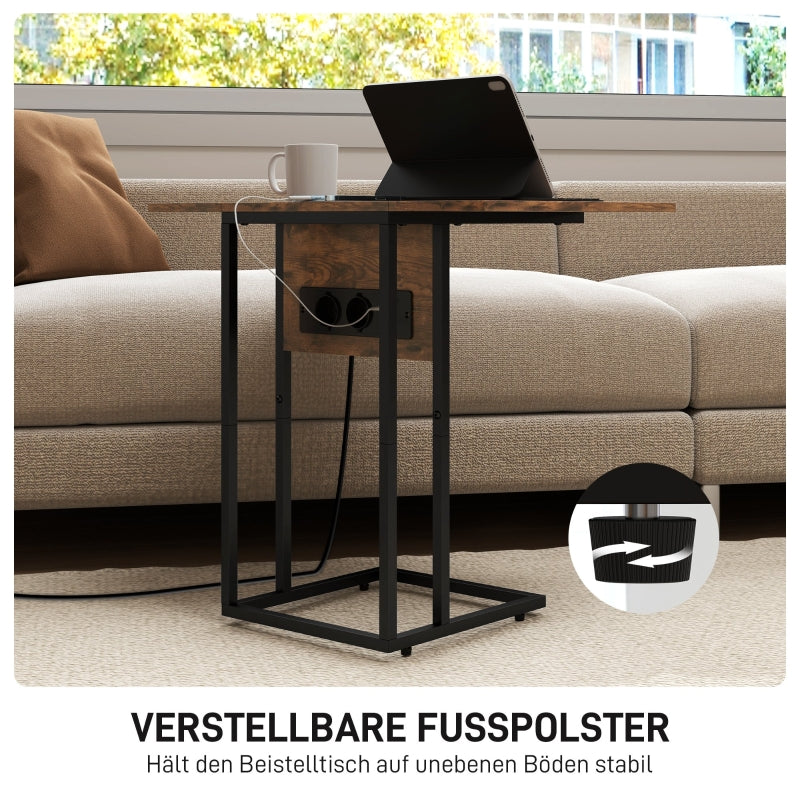 Foldable Side Table USB Charging Station 39x29x57cm - Brown Metal