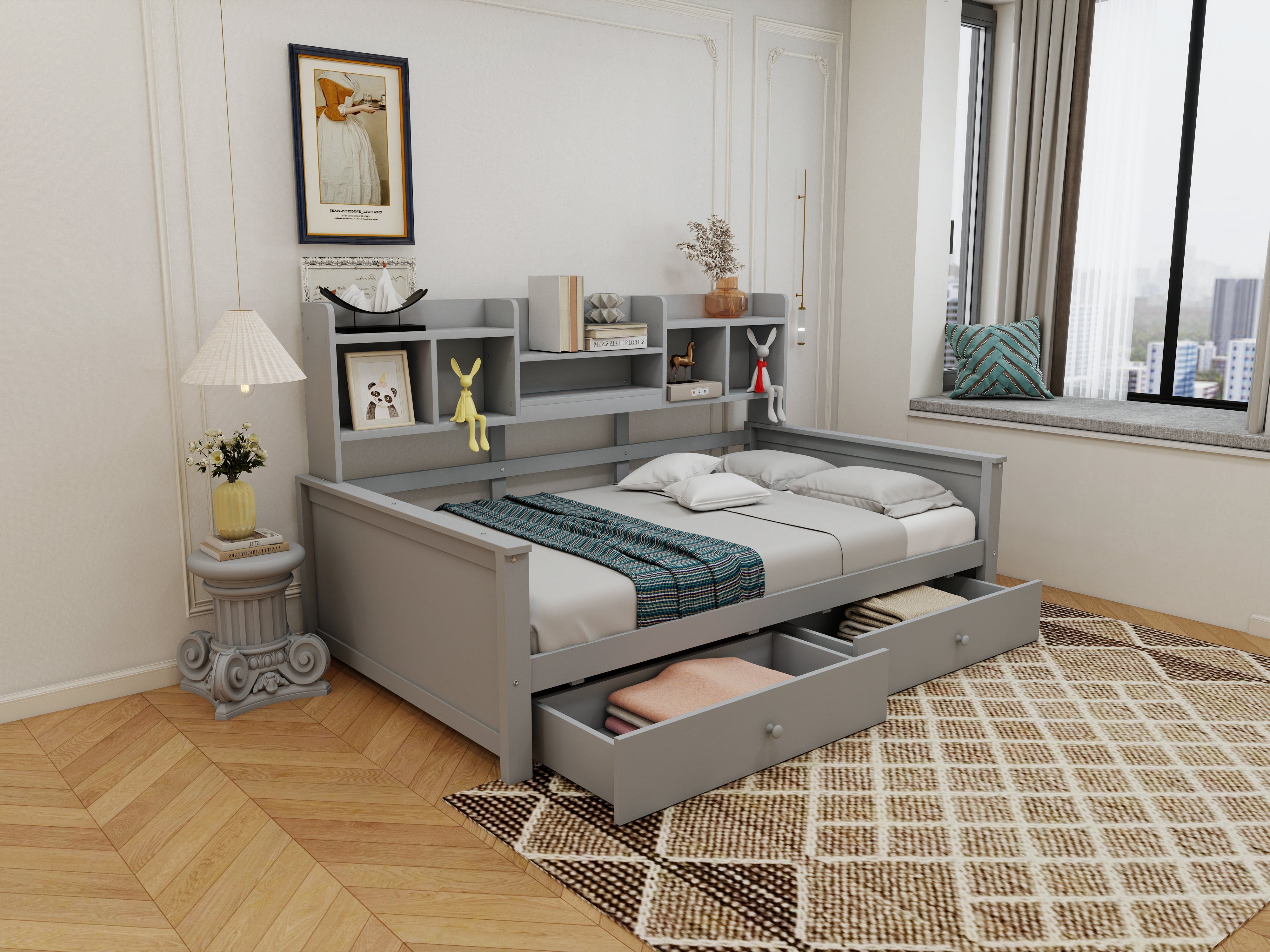 Single Sofa Bed 90x200 with Drawers, Shelves and Slatted Frame, Solid Wood Grey