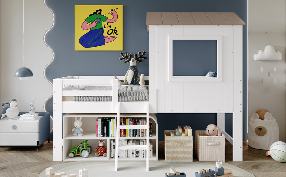 Children's Bed, Half-Height House Bed with Roof, Window & Stairs, White & Natural Wood