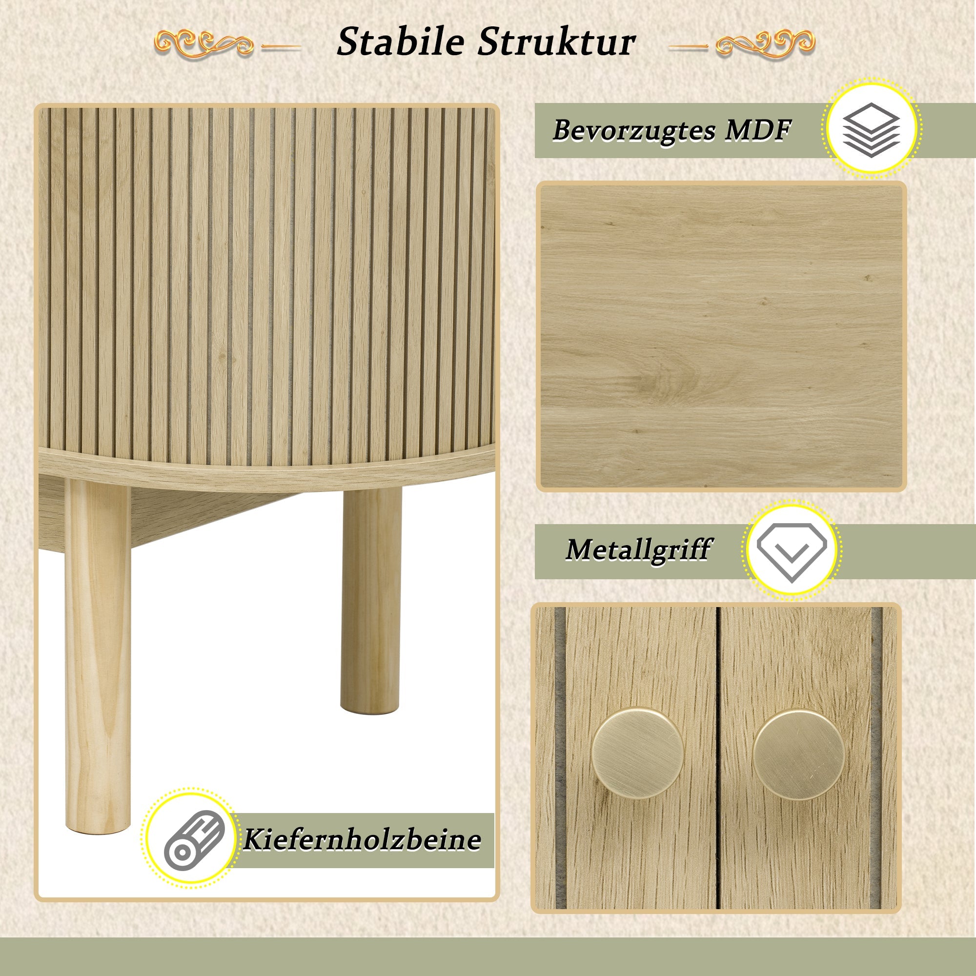 Sideboard, Retro Modern Slatted with Sliding Doors, 138cm Adjustable Shelves, Natural Wood