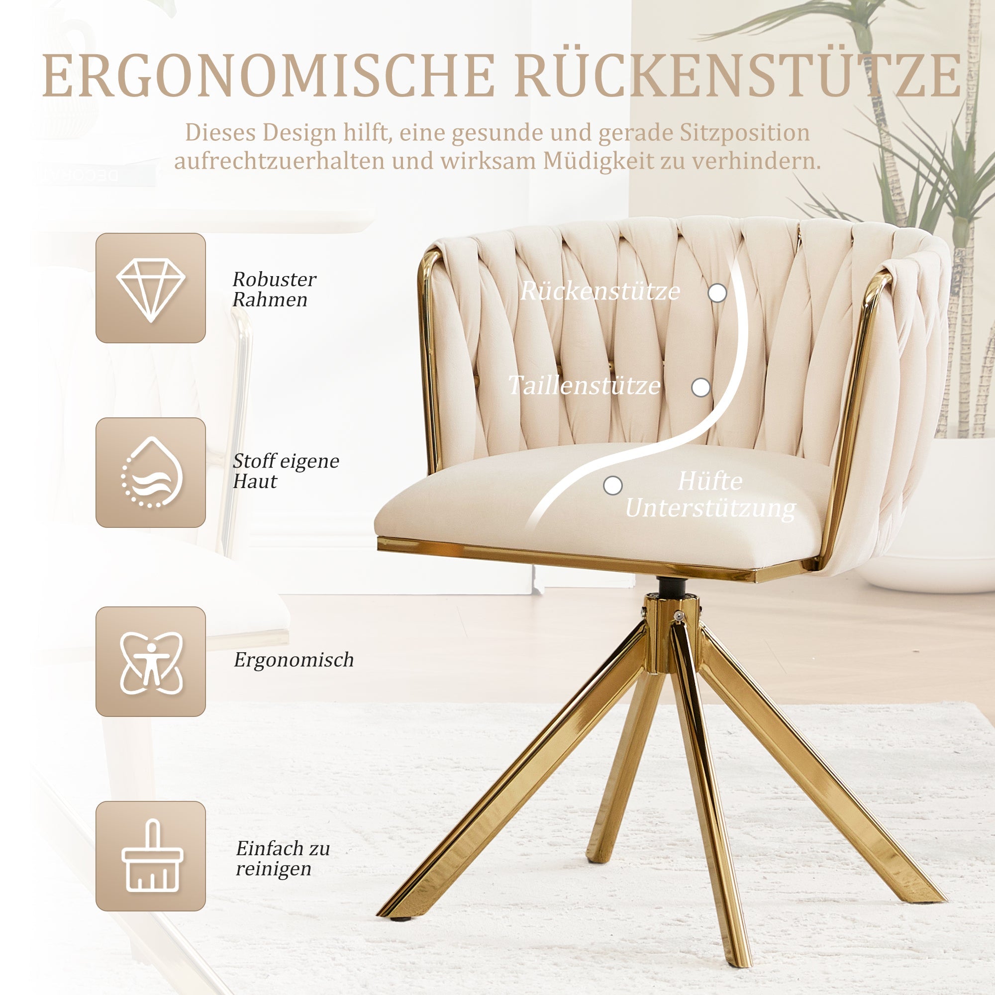 Velour Armchair, Heavy-Duty, 180° Swivel, Ergonomic, Metal Frame