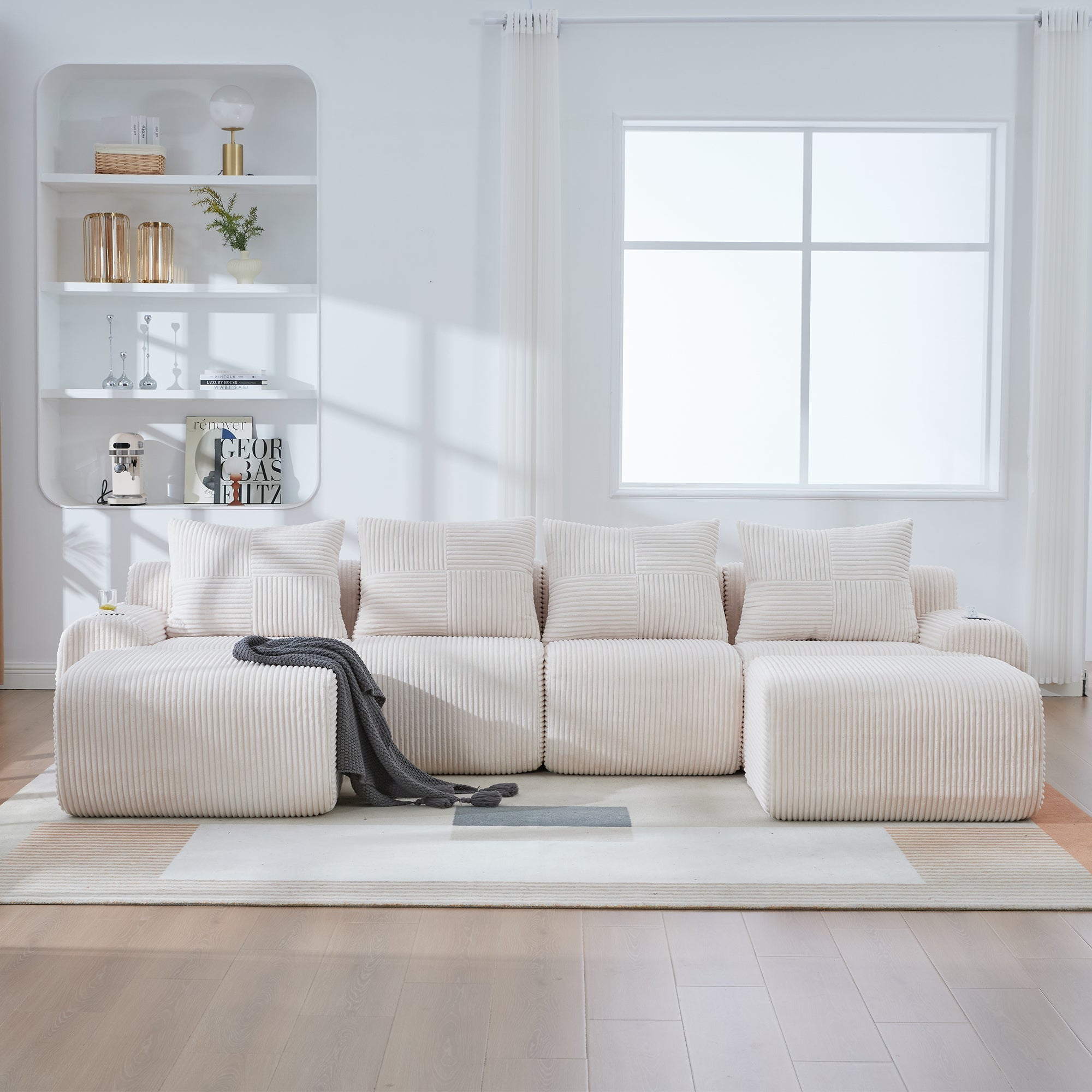 Modular Corduroy Sofa, 4-Seater with 2 Ottomans, Cup Holders and Storage, Beige