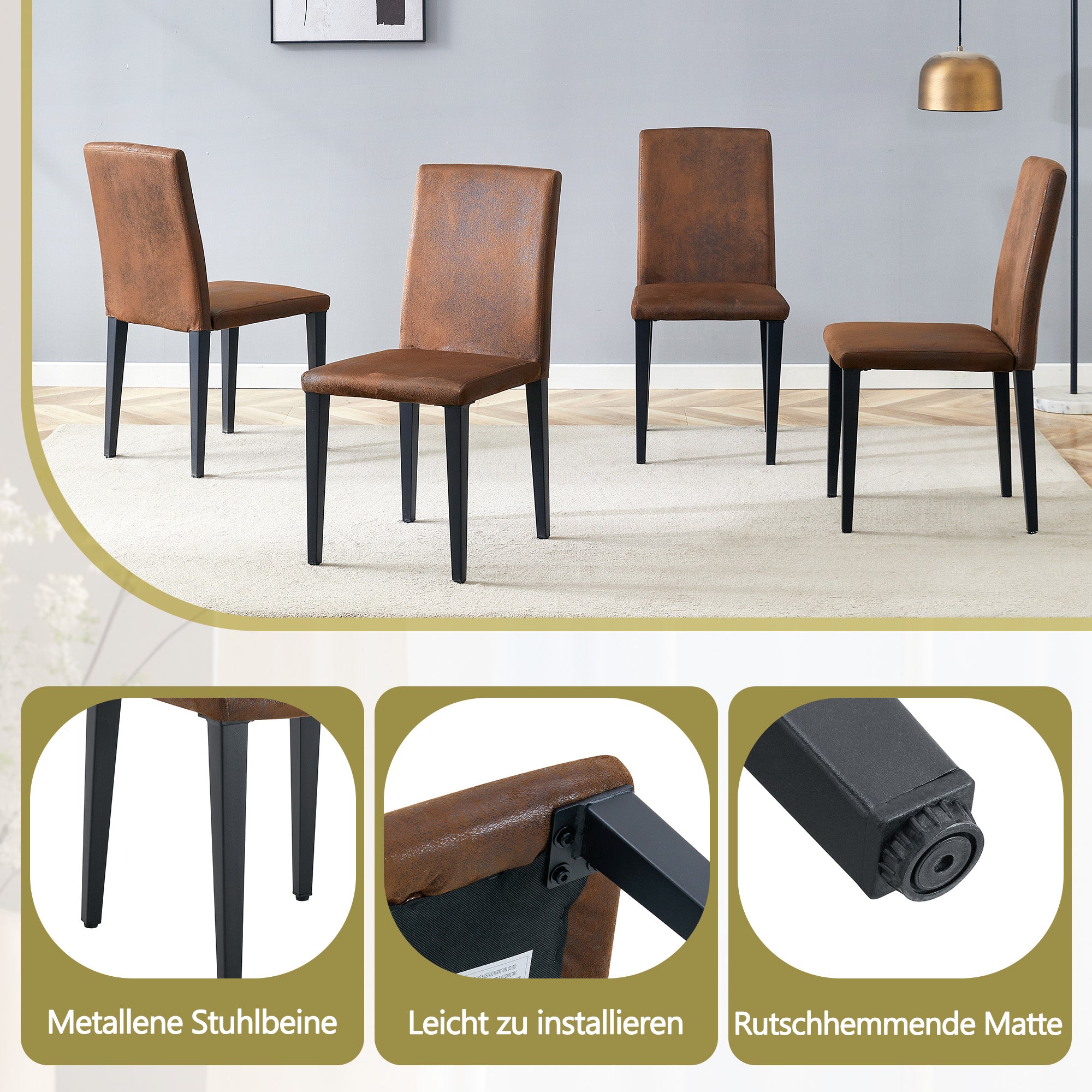 Minimalist Dining Chairs Set of 2 with Metal Legs, Brown Woven Fabric