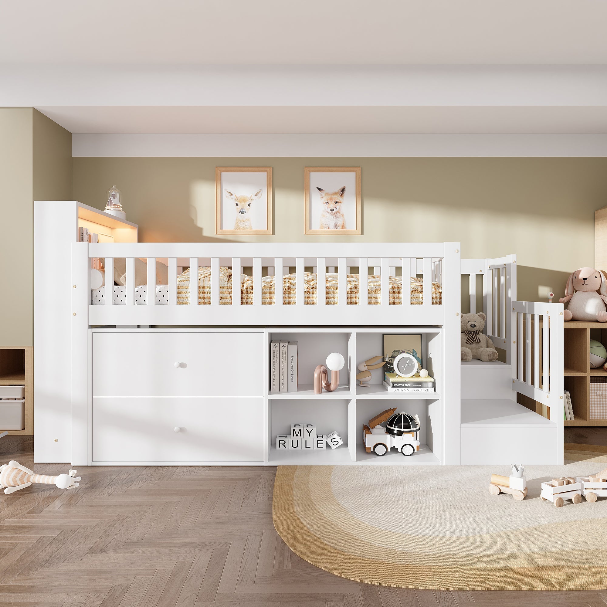 Wooden Bed Storage Bed, 3ft Single with LED Lights and Drawers, White Pine+MDF+Plywood