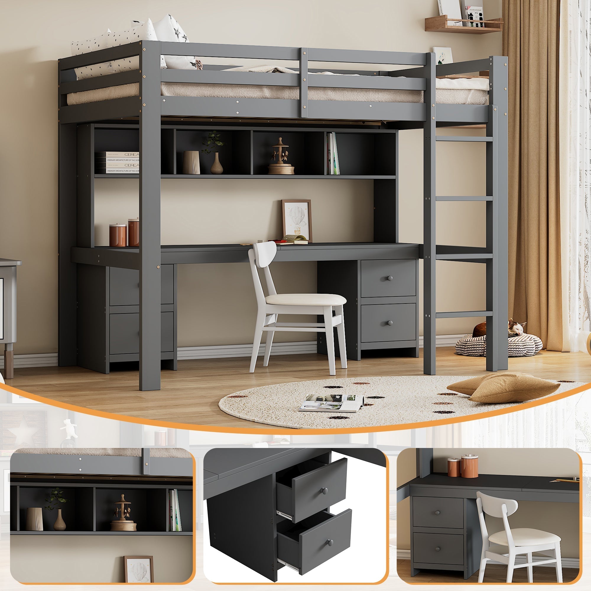 Loft Bed for Children with Desk and Storage, 90x200 cm, Grey