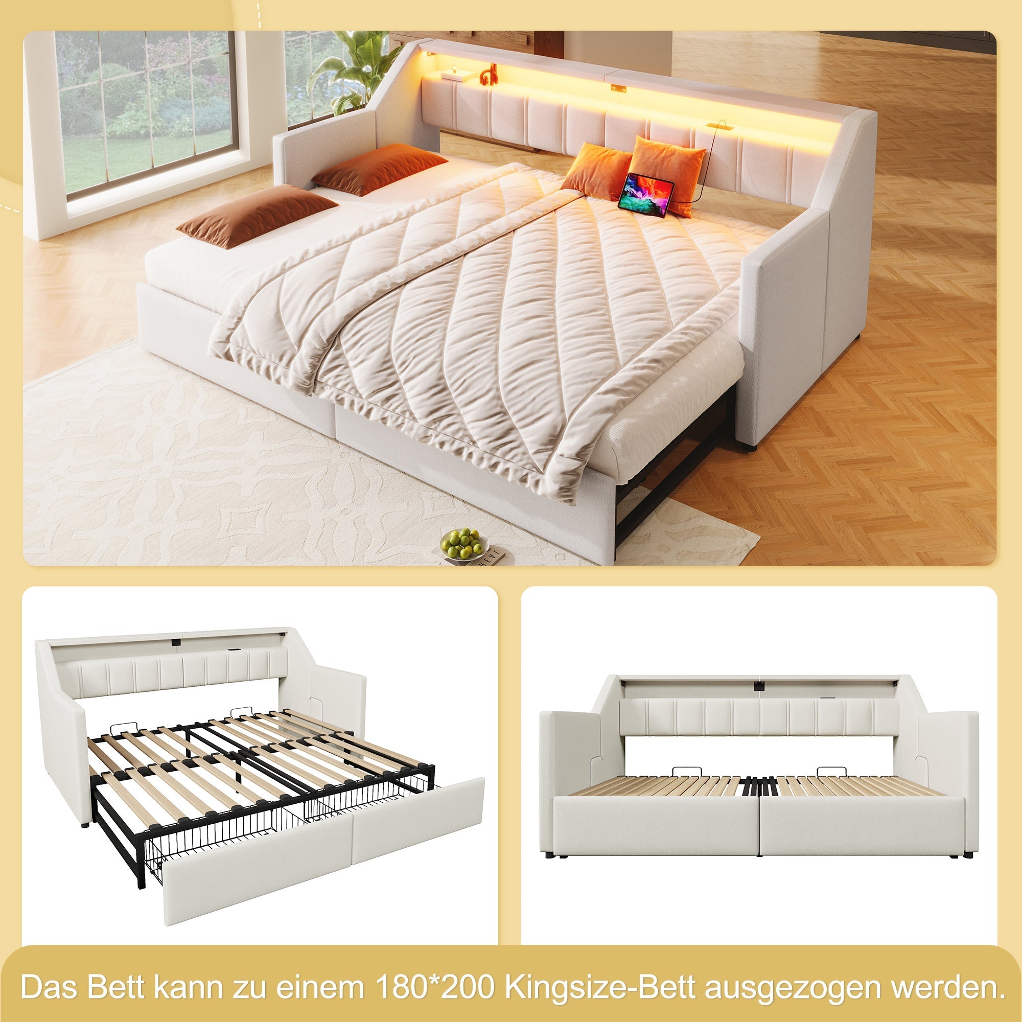 Daybed Sofa Bed 90x200cm Pull-out Bed LED USB/Type-C 2 Drawers Storage - Beige