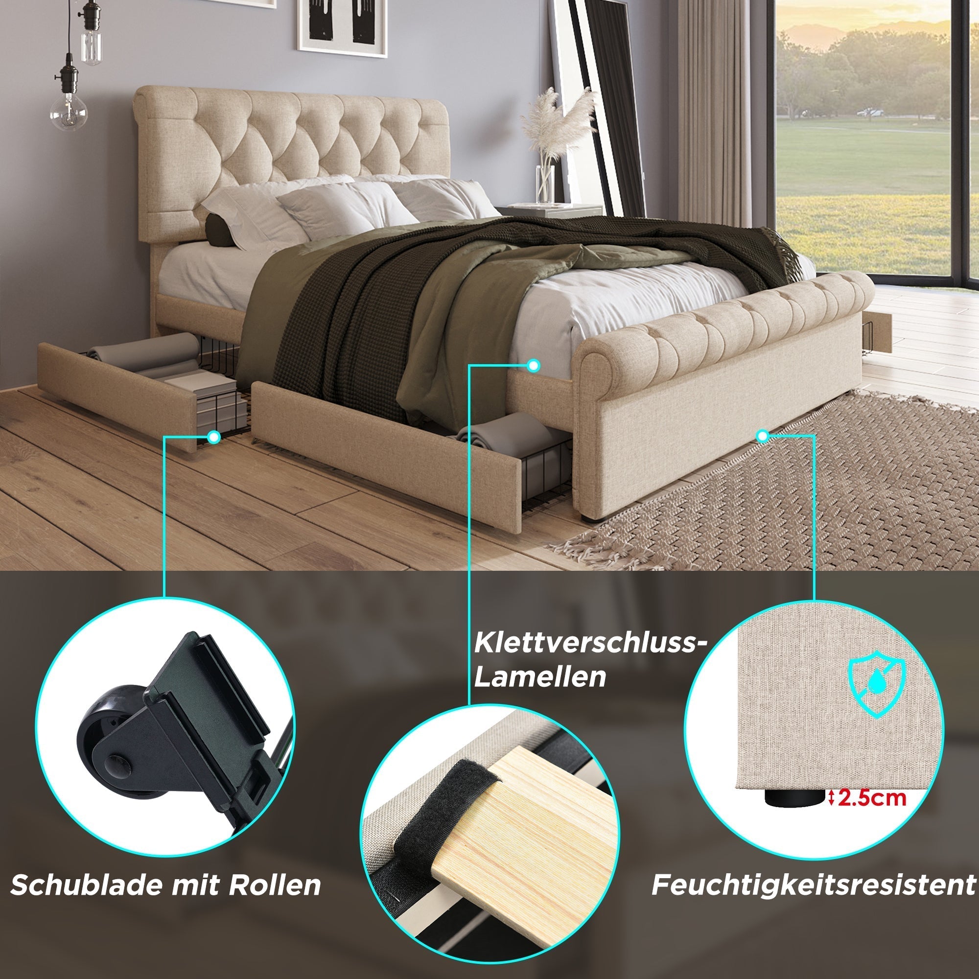 Double Upholstered Bed 140x200cm, 4 Drawers Adjustable Headboard, Natural Finish