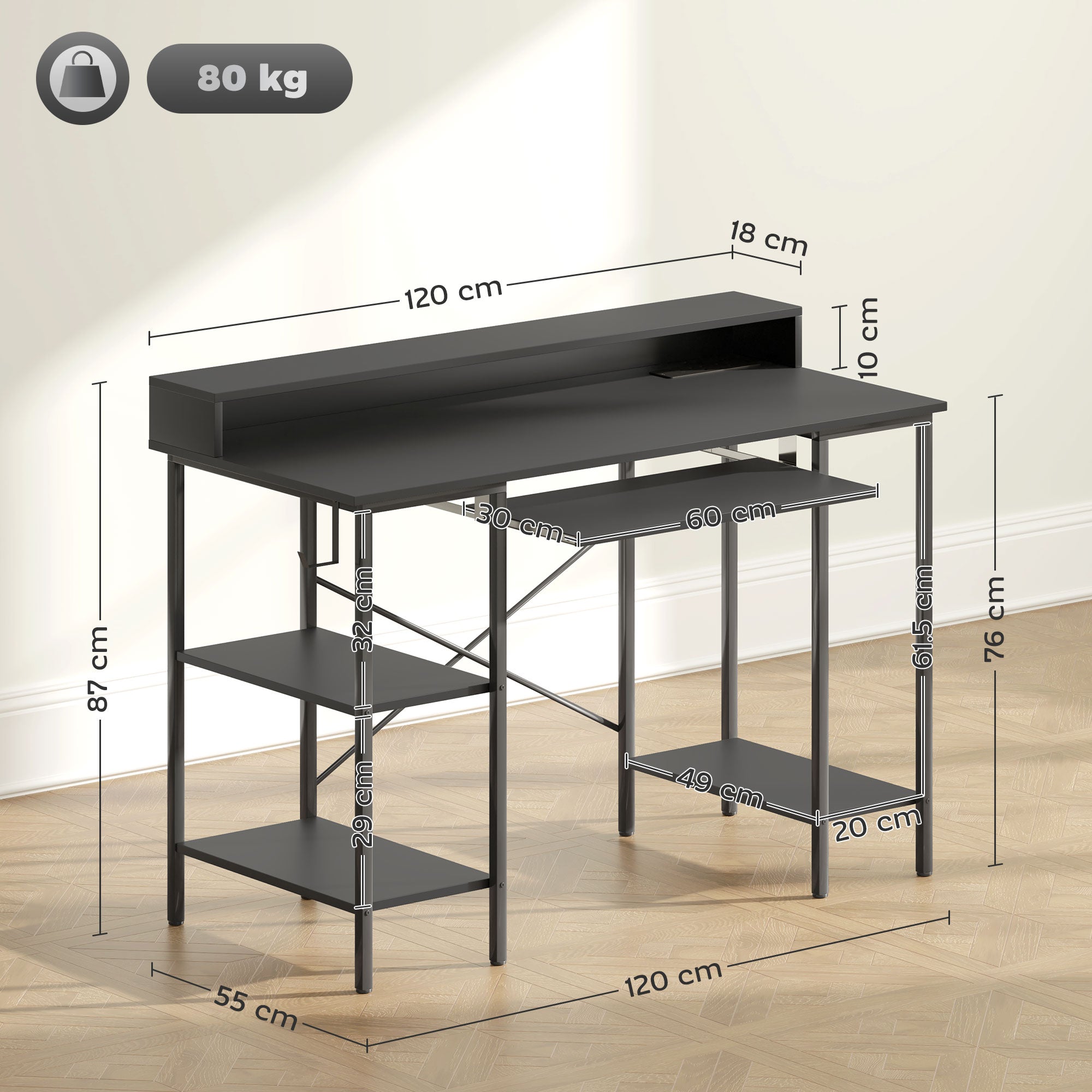Computer Desk with LED Lights, Power Outlets, Monitor Stand, and Storage Shelves, Black