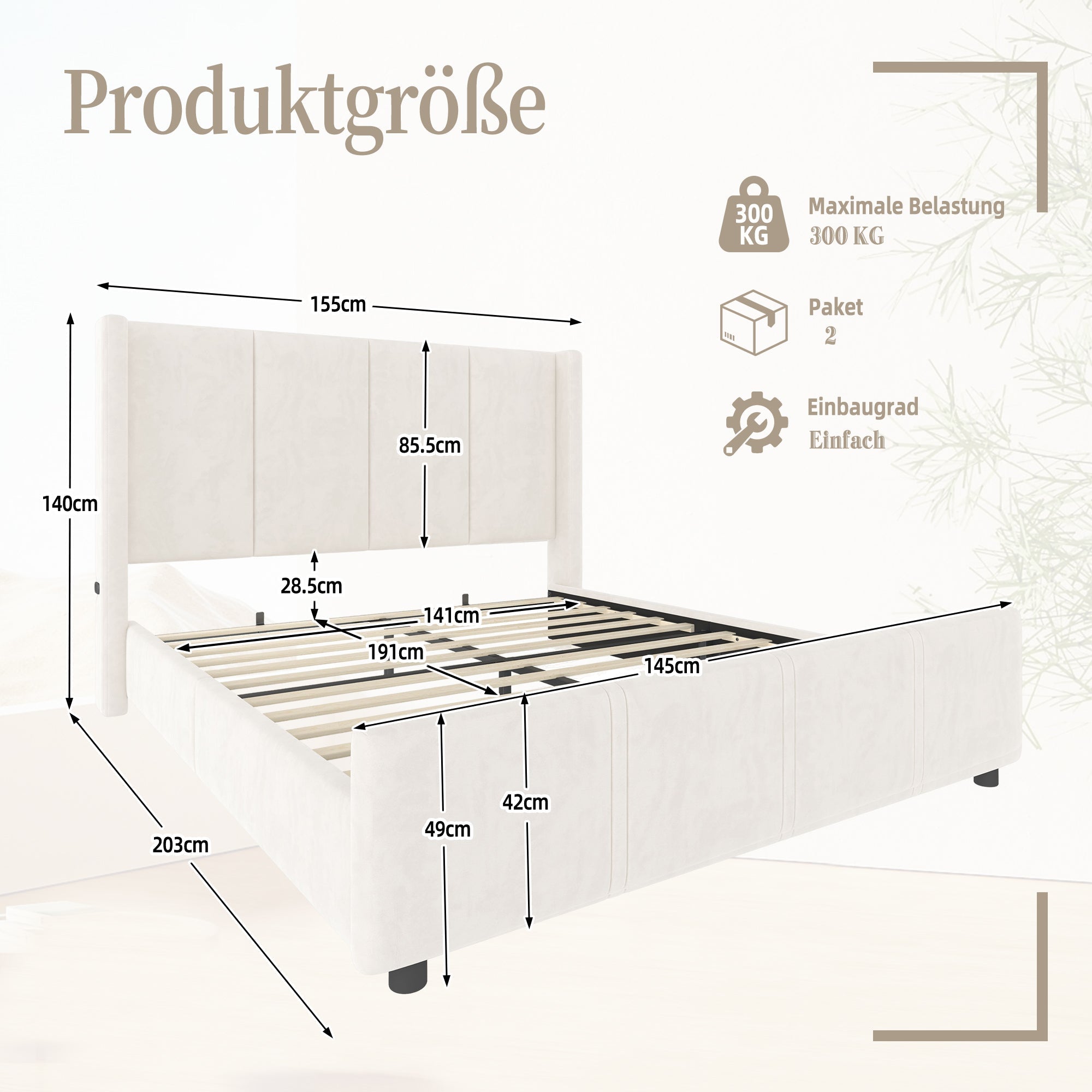 Upholstered Bed Frame, Modern High Headboard & Footboard, USB Port, Iron & Wood, Beige