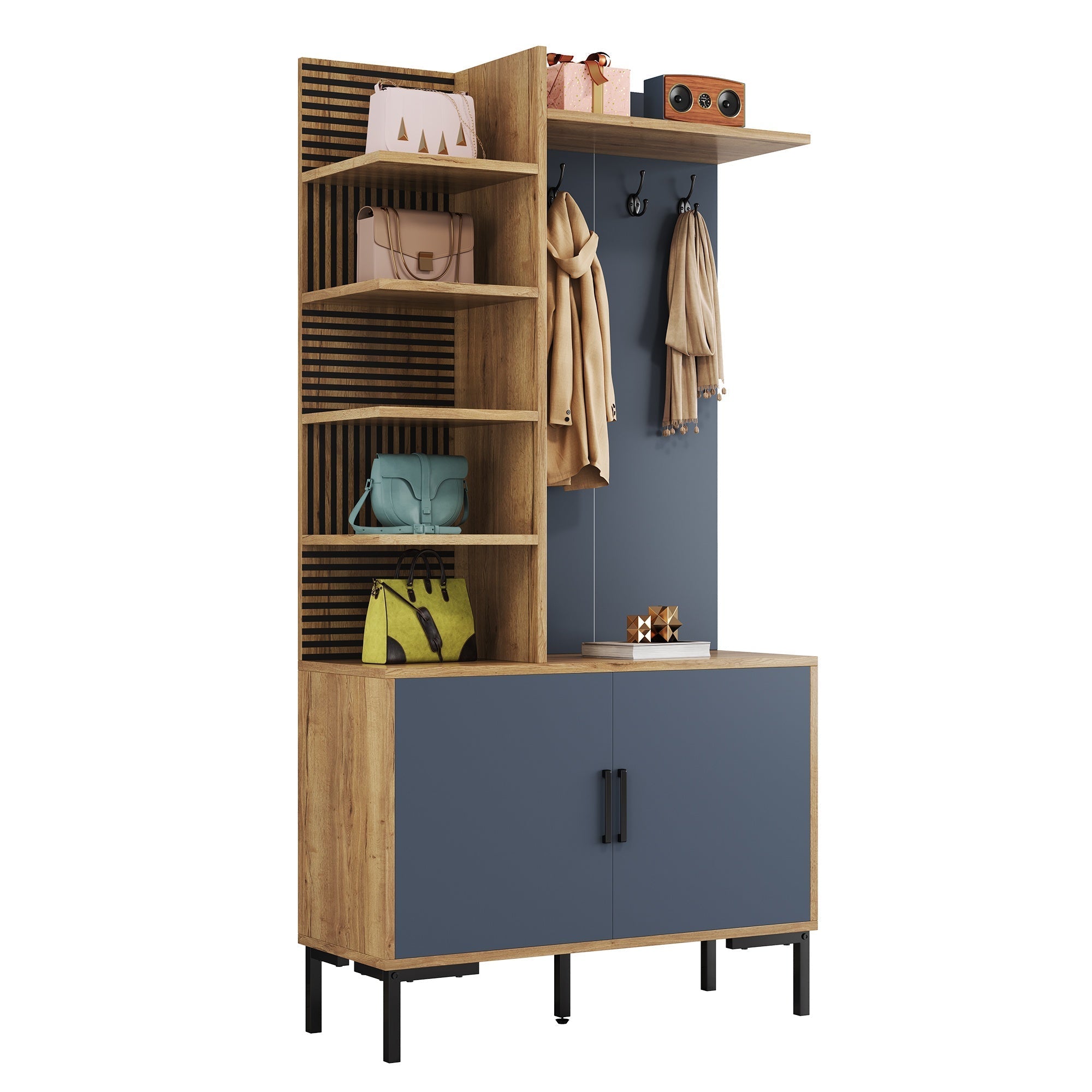 Wardrobe Set with Shoe Compartment, Shelves, Adjustable Dividers, Hooks - Wood and Black