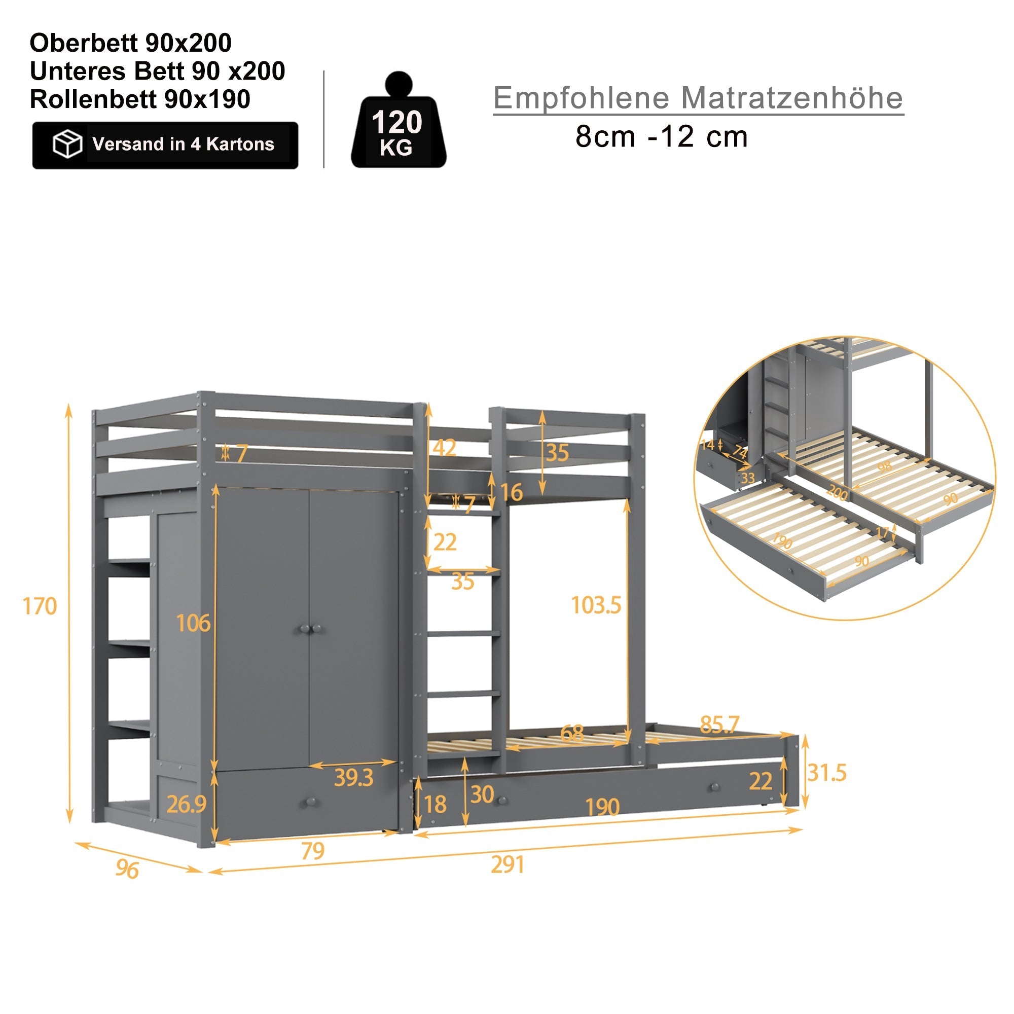 Bunk Bed, 90x200 Pull-Out, Multifunctional with Wardrobe, Drawers & Storage, Solid Wood Grey