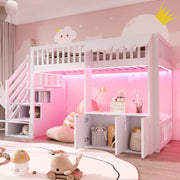 Wooden Loft Bed with Storage Wardrobe, Stairs and LED Light, 90x200cm, White Wood