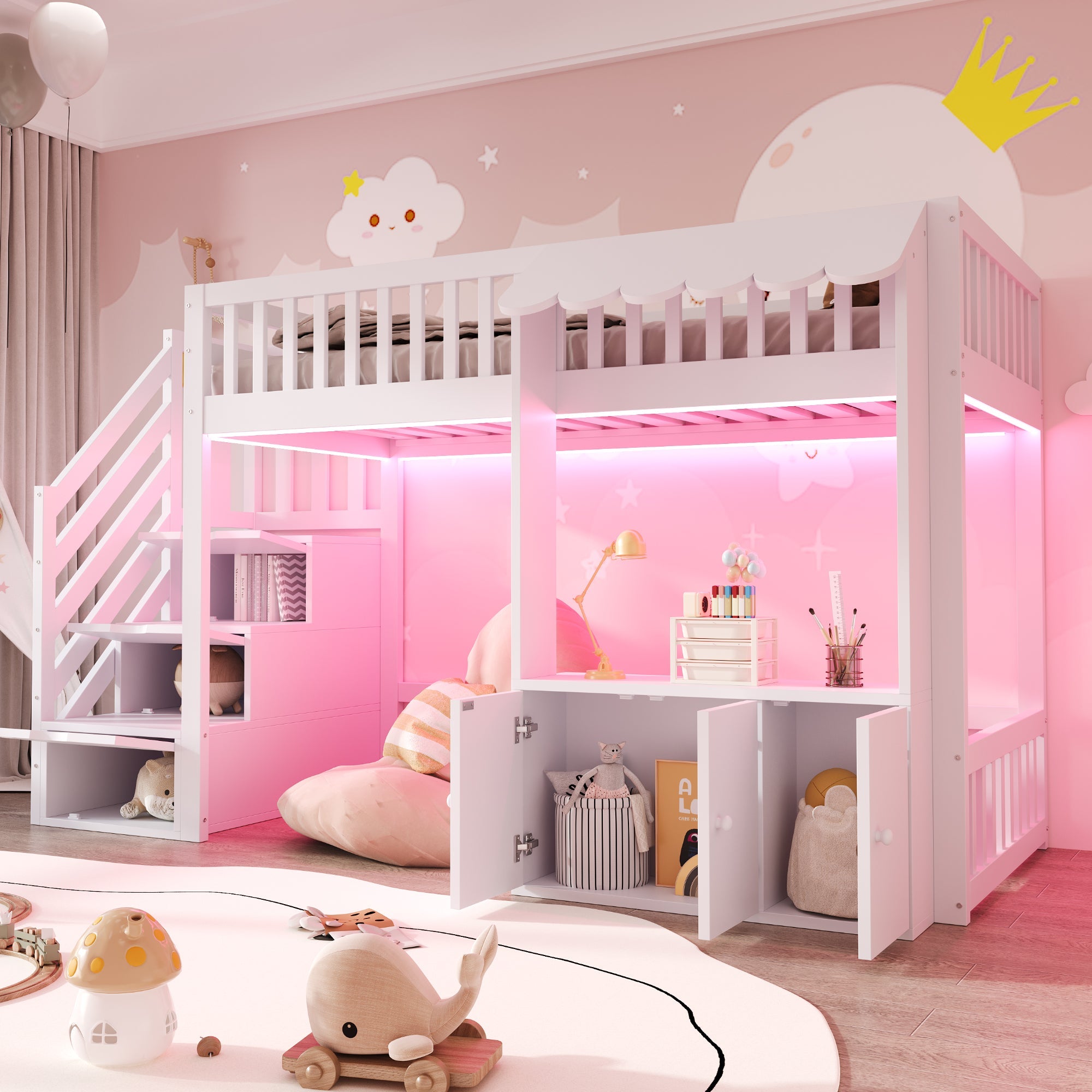 Wooden Loft Bed with Storage Wardrobe, Stairs and LED Light, 90x200cm, White Wood
