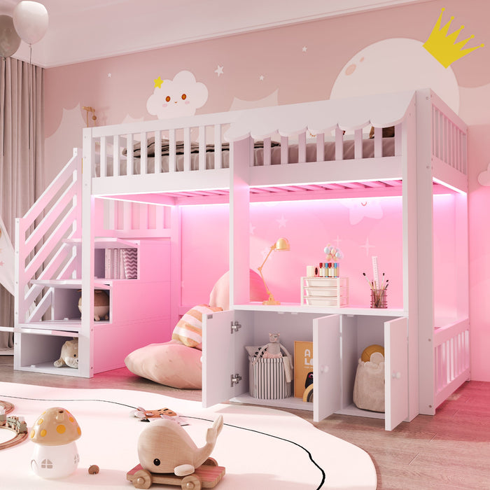 Wooden Loft Bed with Storage Wardrobe, Stairs and LED Light, 90x200cm, White Wood