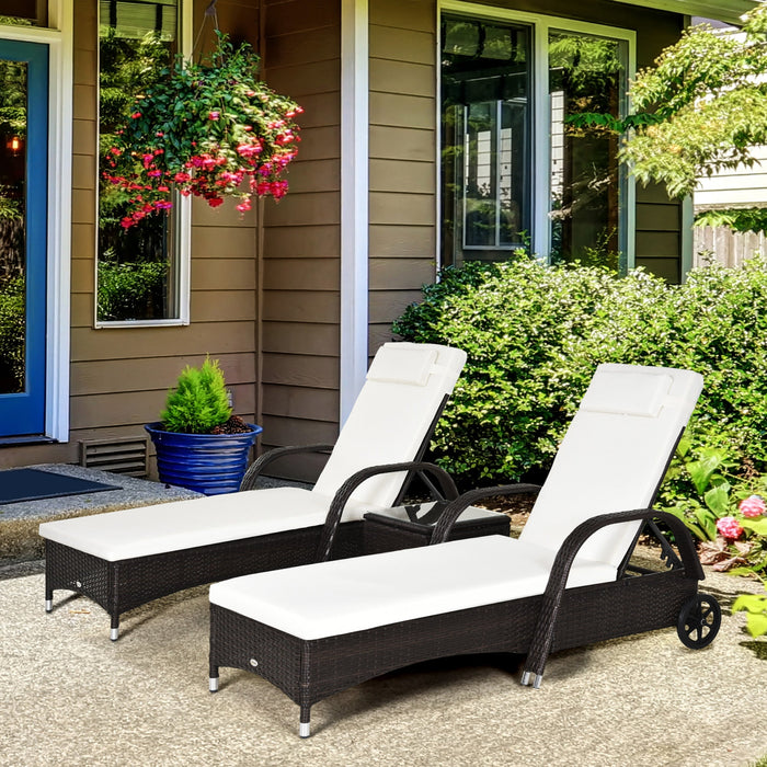 3 Pieces PE Rattan Patio Lounge Chair Set with Wheels and Coffee Table, Brown