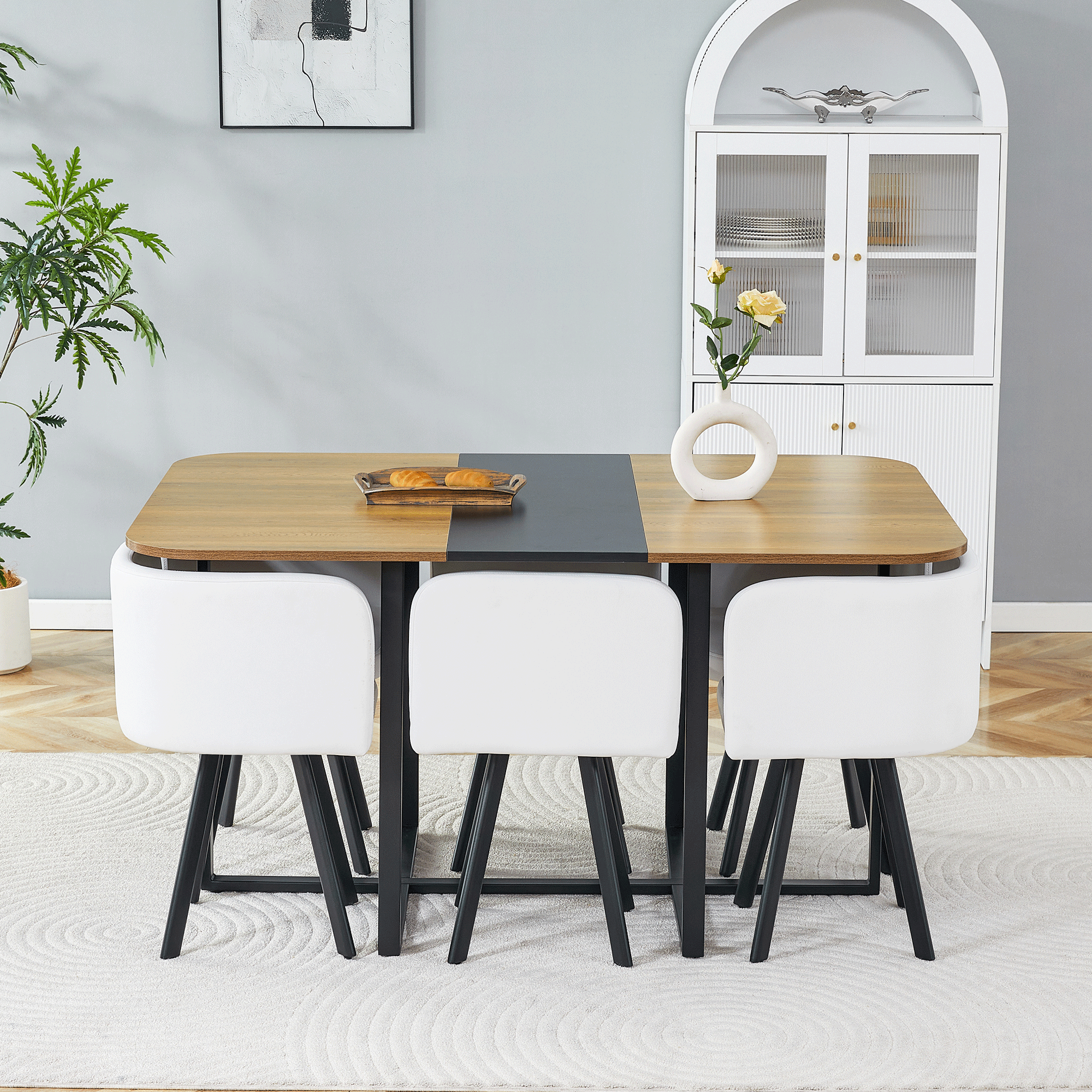 Dining Table Set Extendable Table Stowable Chairs 4-6 Seater - Wood Grain/Black Metal