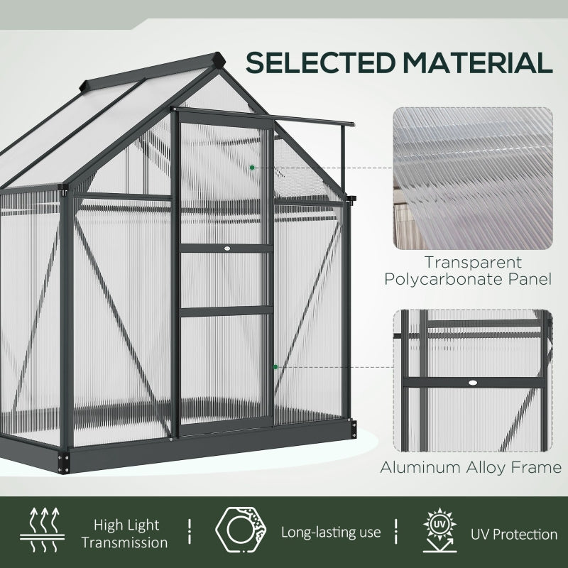 6x4ft Greenhouse, Polycarbonate Walk-In with Sliding Door & Aluminium Frame, Grey