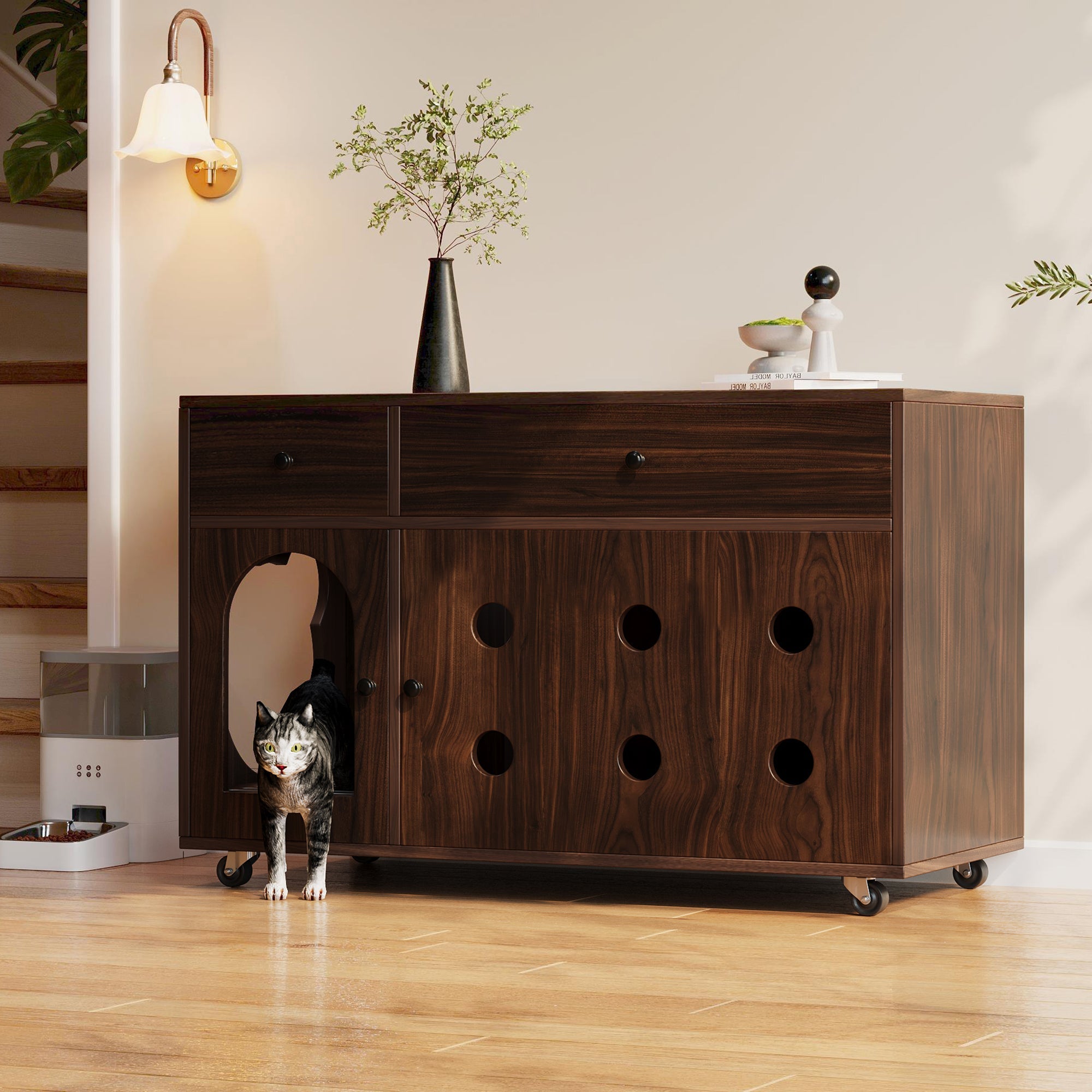 Cat Litter Box Cabinet Mobile Odor-Insulated Removable Sand Drain 100x45x66 cm - Walnut Color