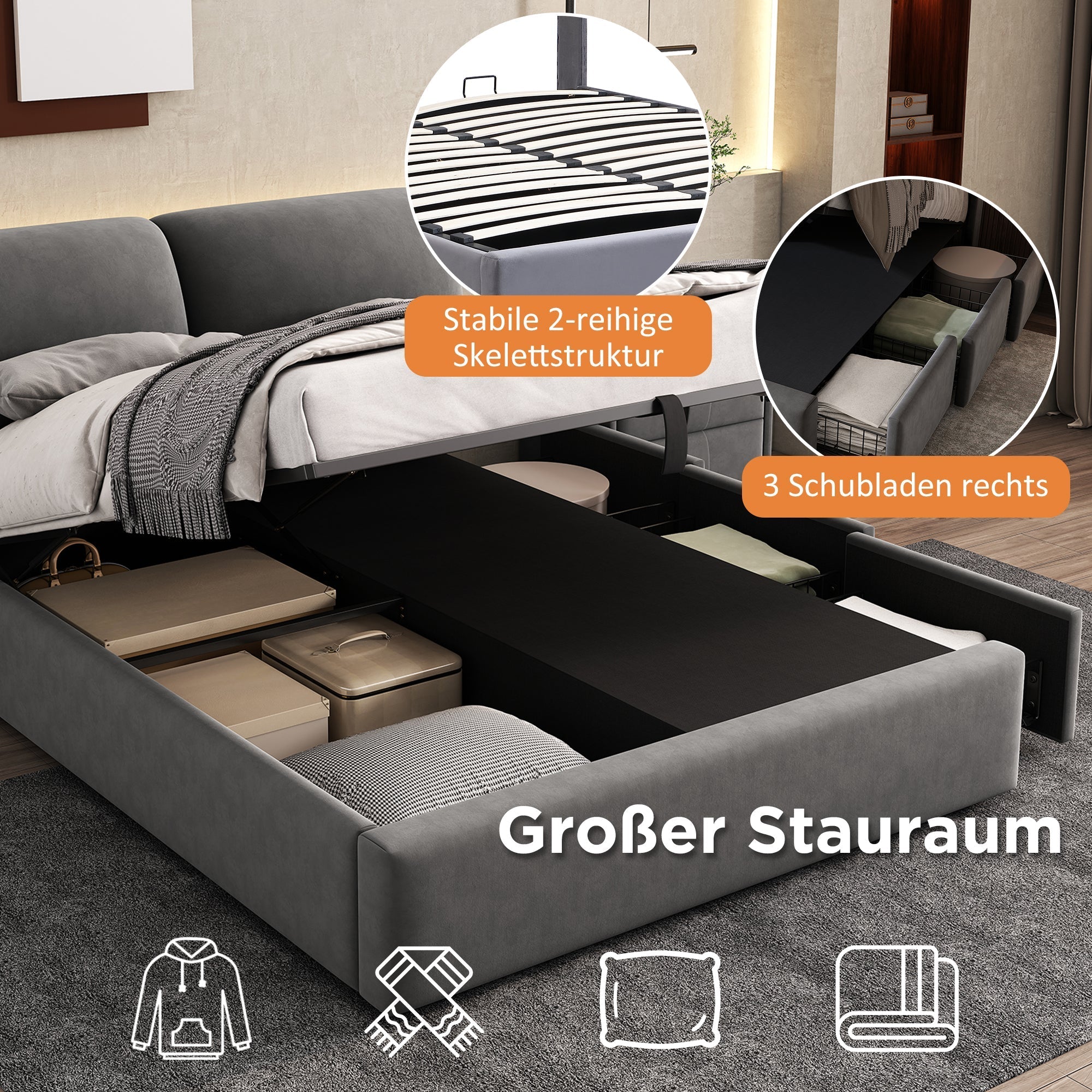 Upholstered Bed with Hydraulic Storage and 3 Drawers, 140x200cm, Grey Velvet