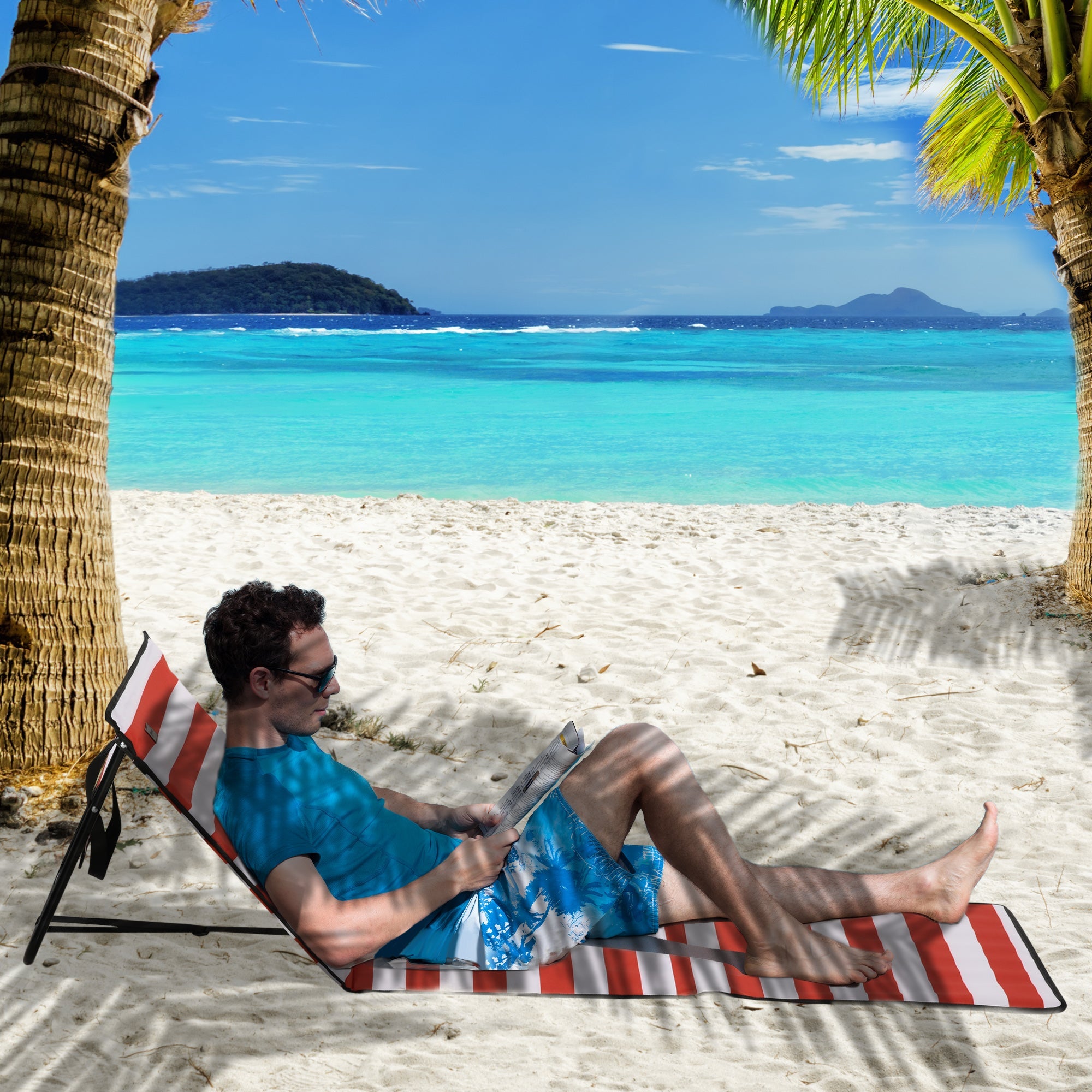 Beach Mats, Set of 2 Foldable Adjustable Sun Loungers with Carrying Bag, Red