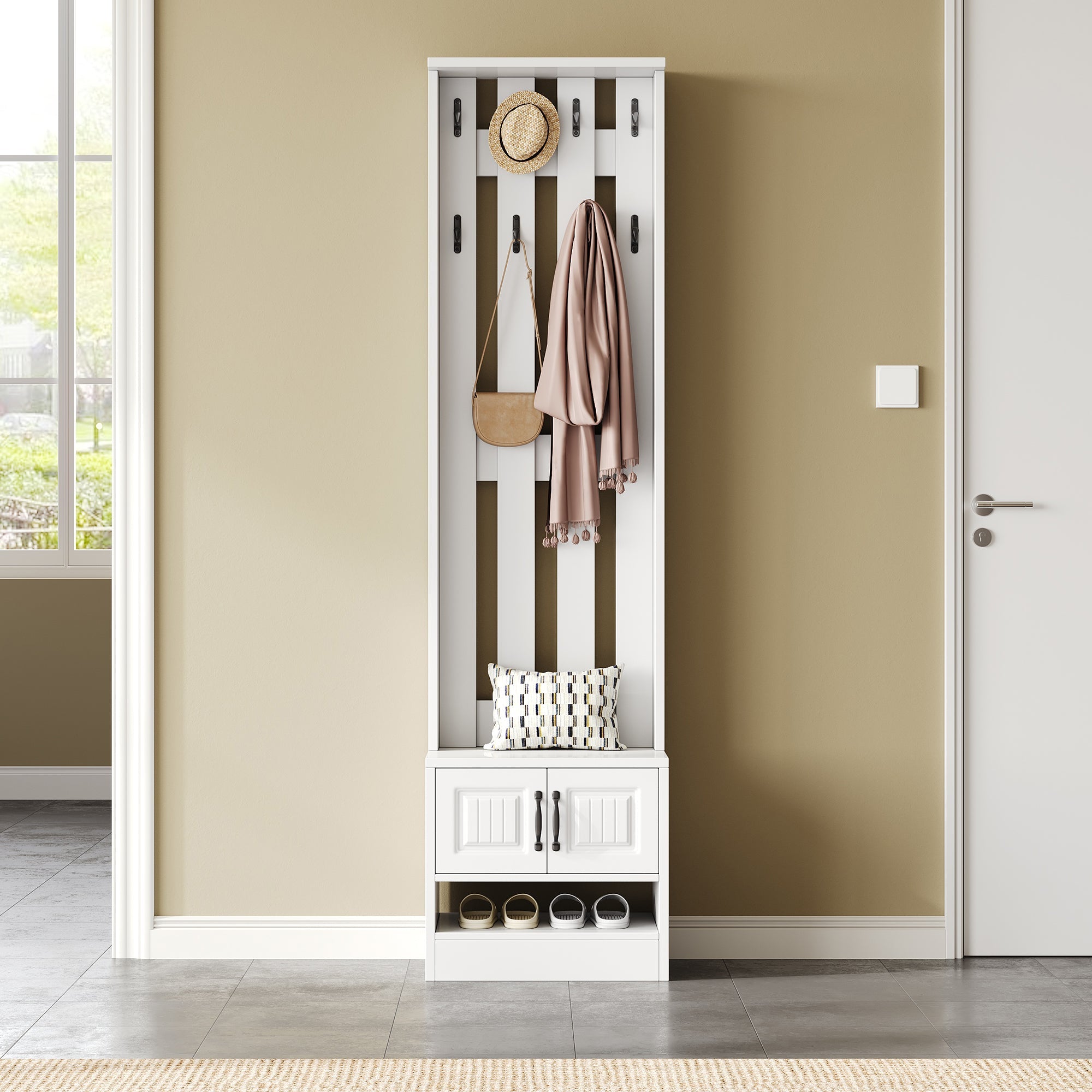 Shoe Cabinet Hallway Furniture with 2 Doors and 8 Hooks, W50/D36/H190cm, White
