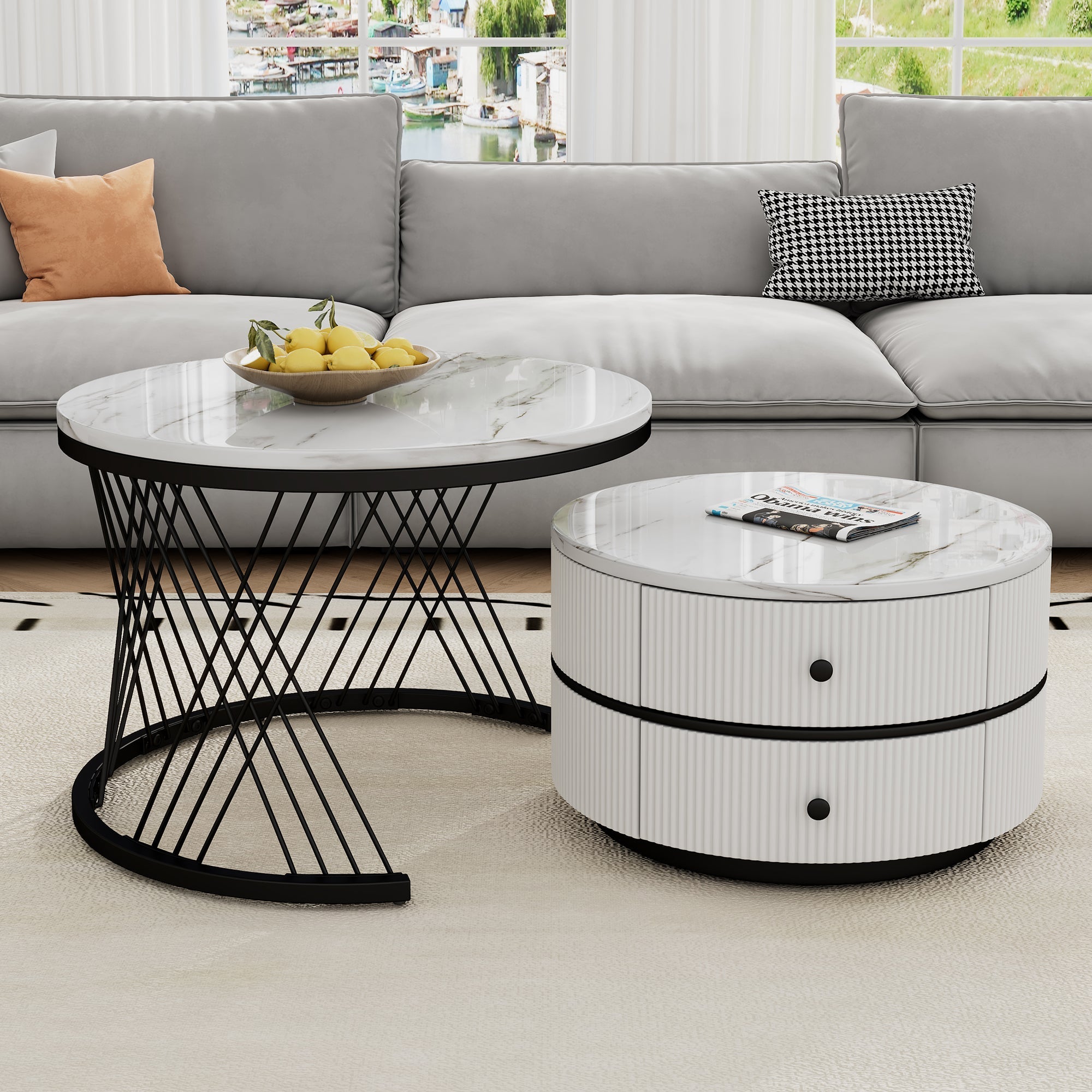 Elegant 2-Piece Nesting Coffee Table Set, Round High-Gloss Marble Look with 2 Drawers, White