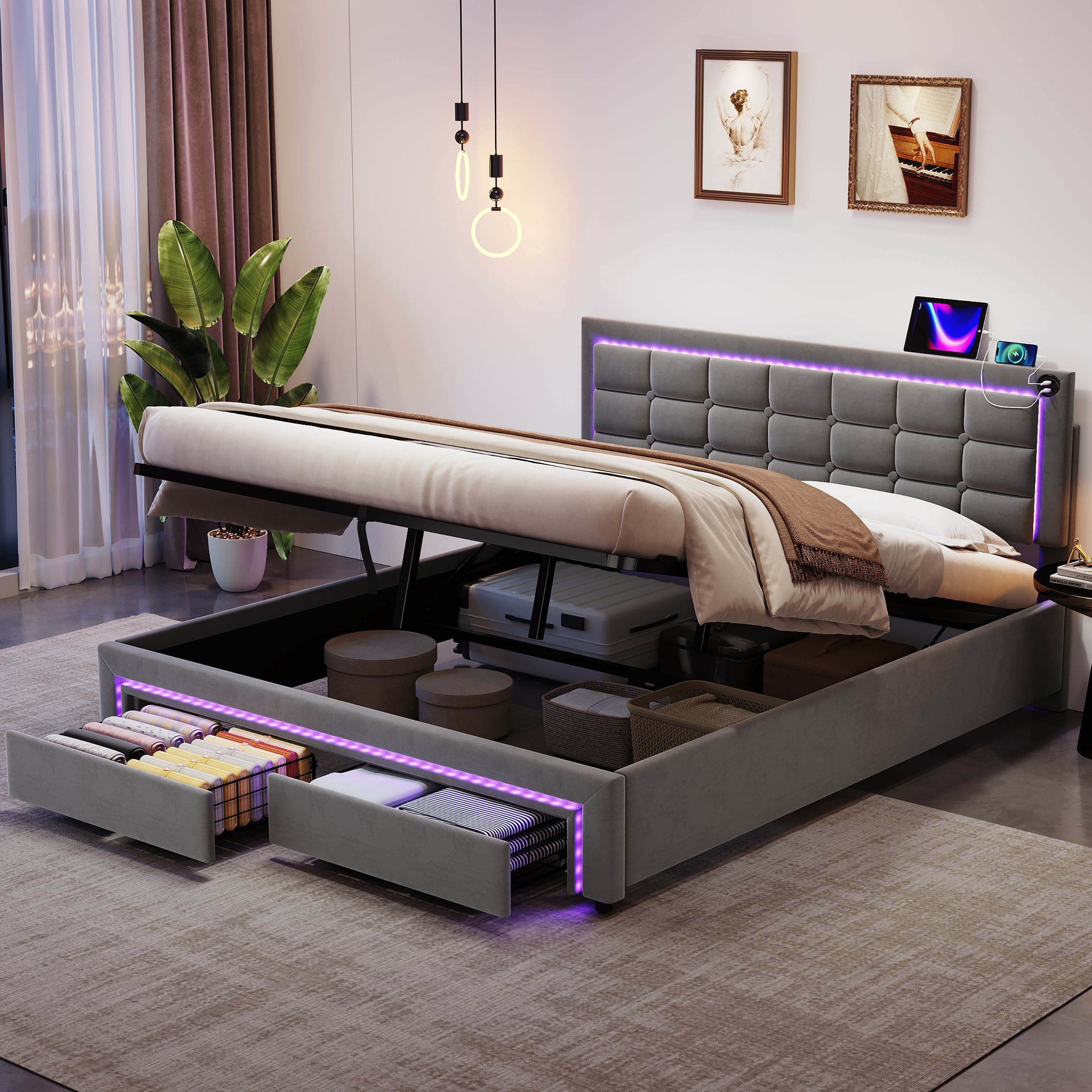 4ft6 Double Upholstered Bed Frame, Hydraulic Storage, LED Headboard, Charging Station, Grey Velvet