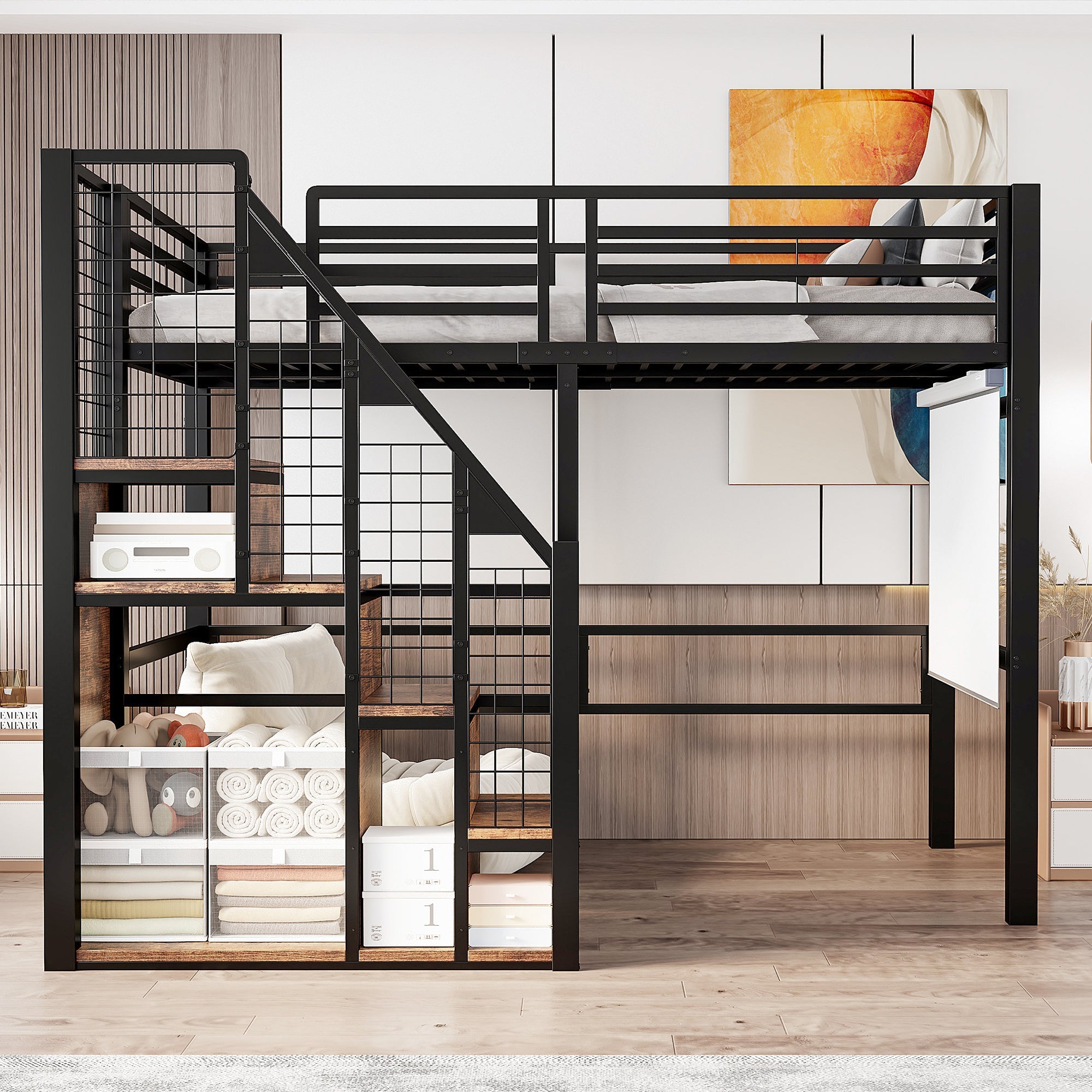 Bunk Bed 90x200cm Iron Frame with Storage Area Safety Ladder Black