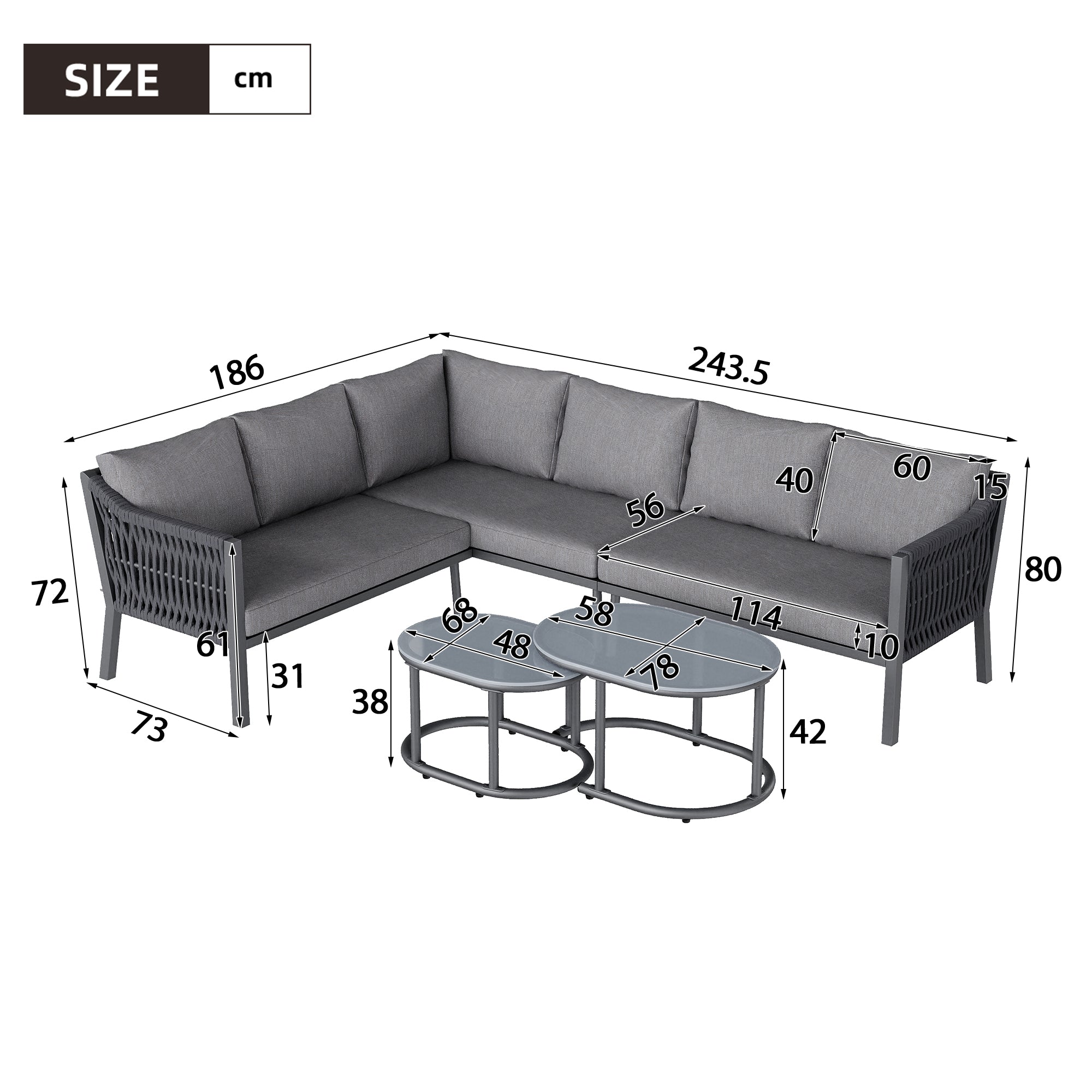 Garden Dining Set for 6 People with Corner Sofa and Two Coffee Tables, Hand-Woven Rope and Galvanized Iron, Grey