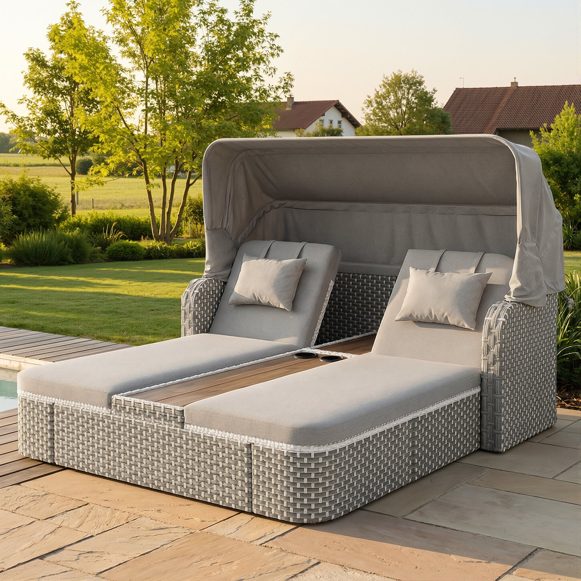 Garden Lounge Set with Sunshade and Gazebo, Polyrattan Seating Group with Sofa and Table, Beige and Grey