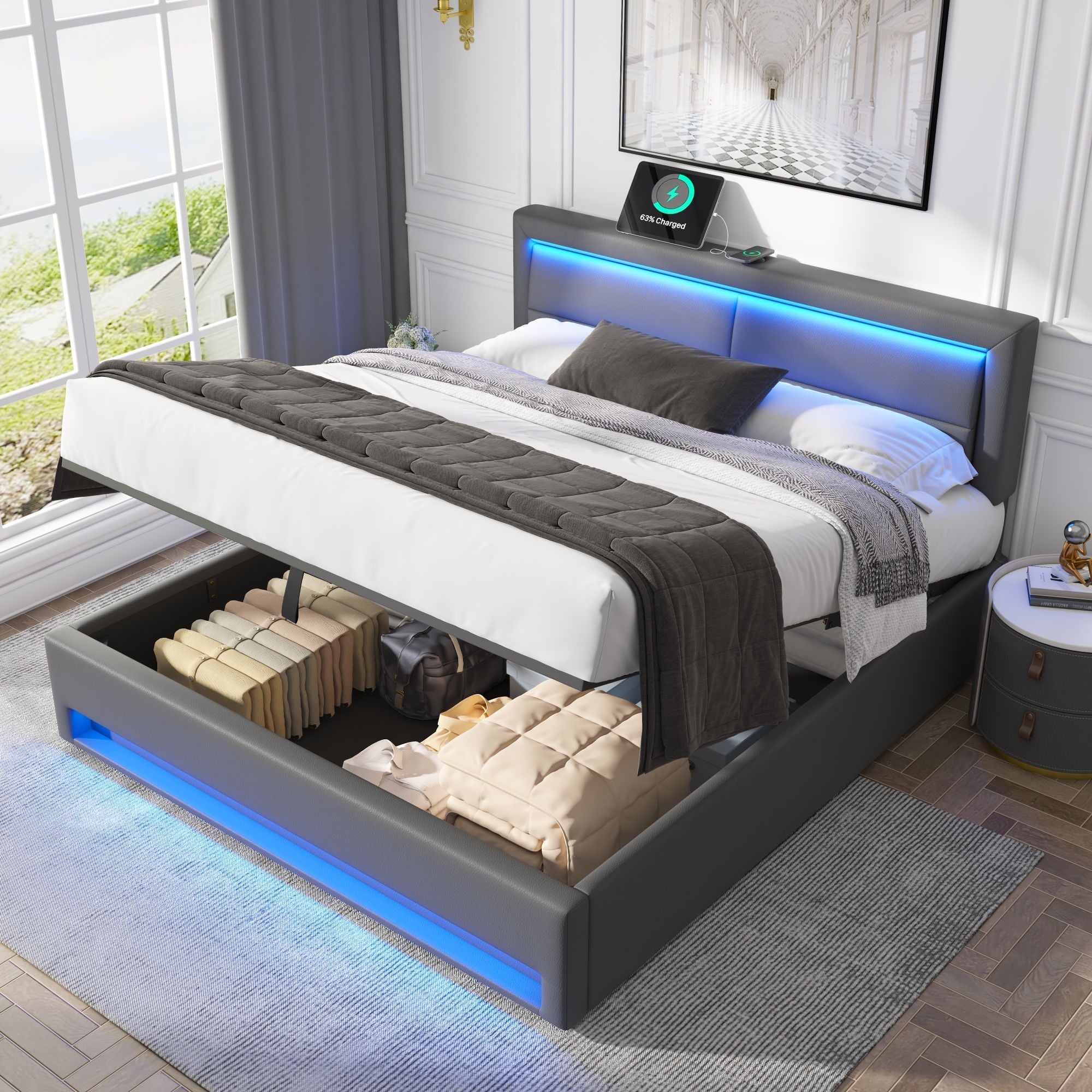 Upholstered Bed with USB Charging, LED Lighting and Storage, 140x190cm, Grey PU Leather
