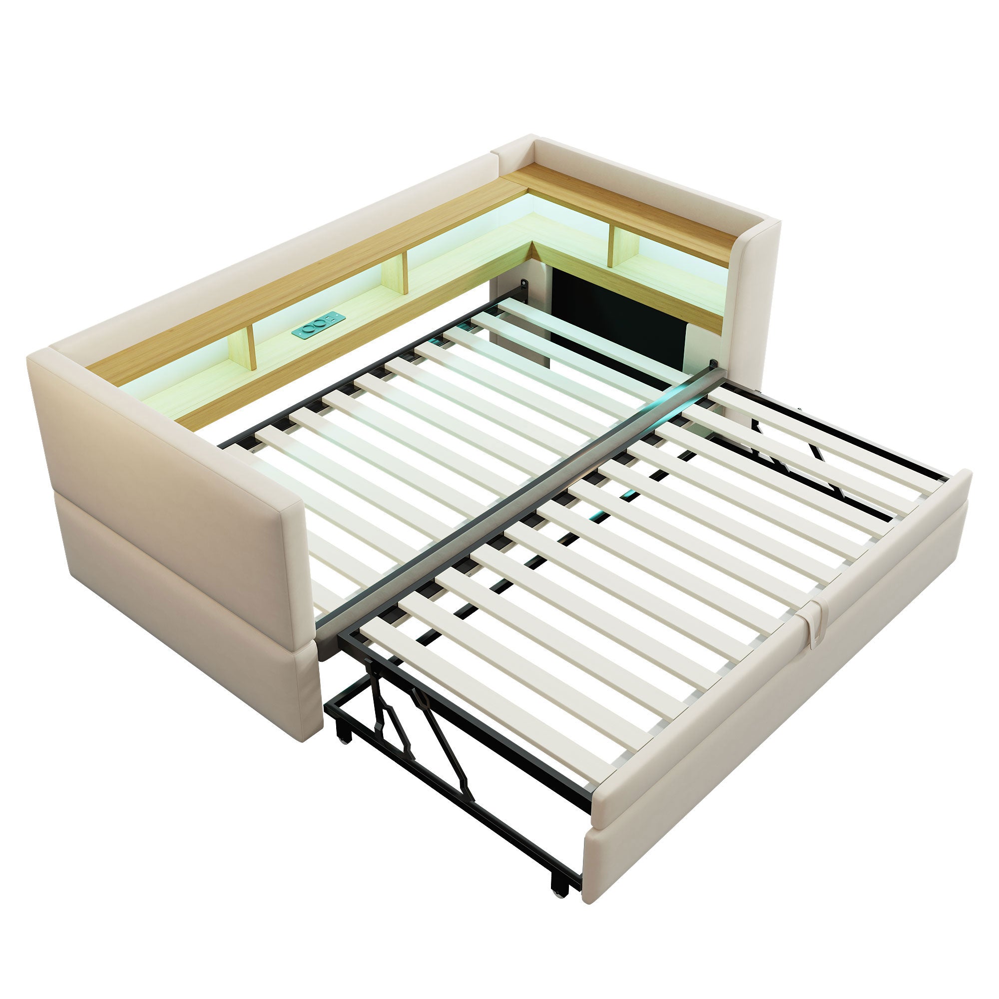 Multi-Functional Sofa Bed with Storage, LED Lighting & USB/Power Outlets, Beige