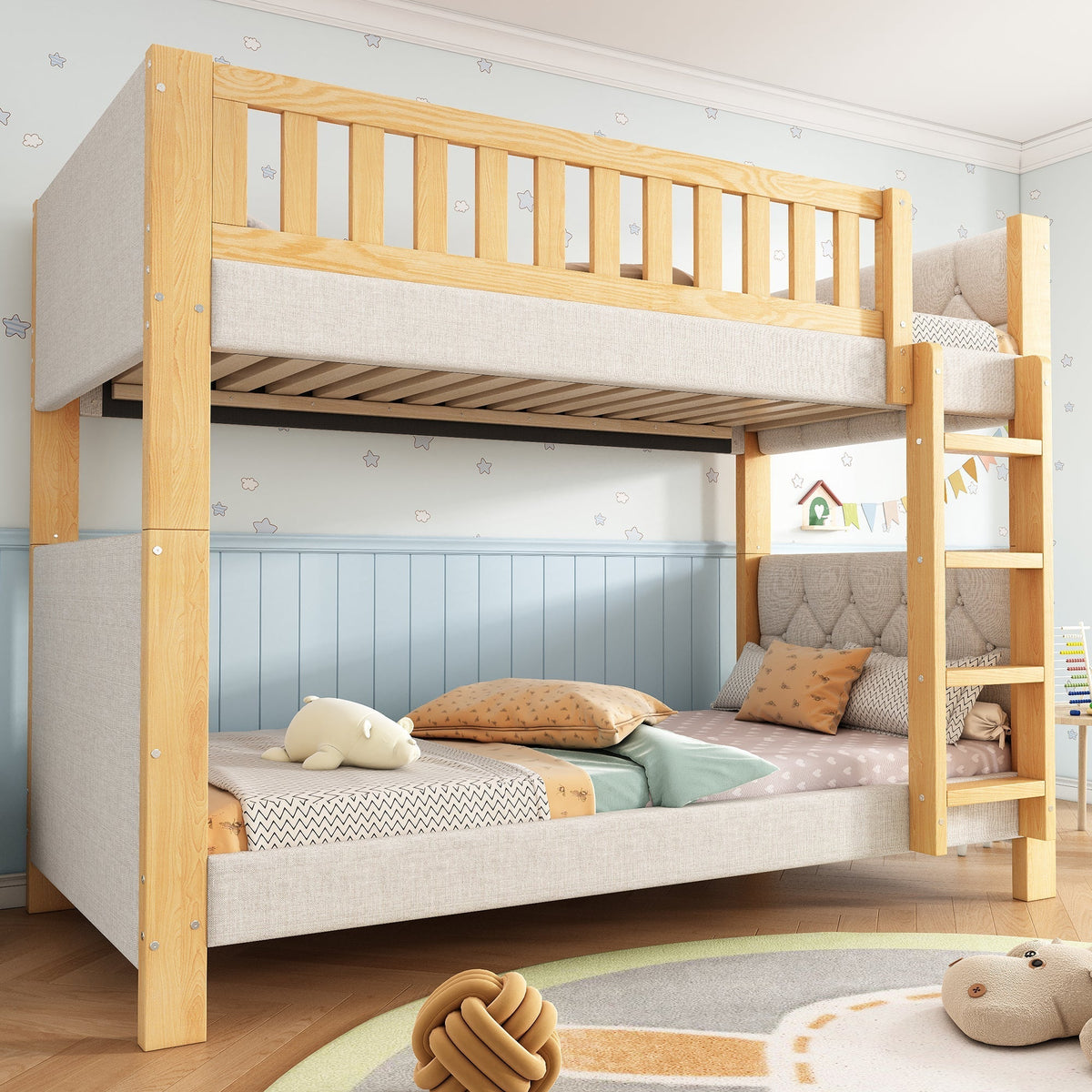 Bunk Bed with Anti-Collision Sponge Edge and Straight Staircase, 90x200cm, Grey and Natural Rubberwood + MDF