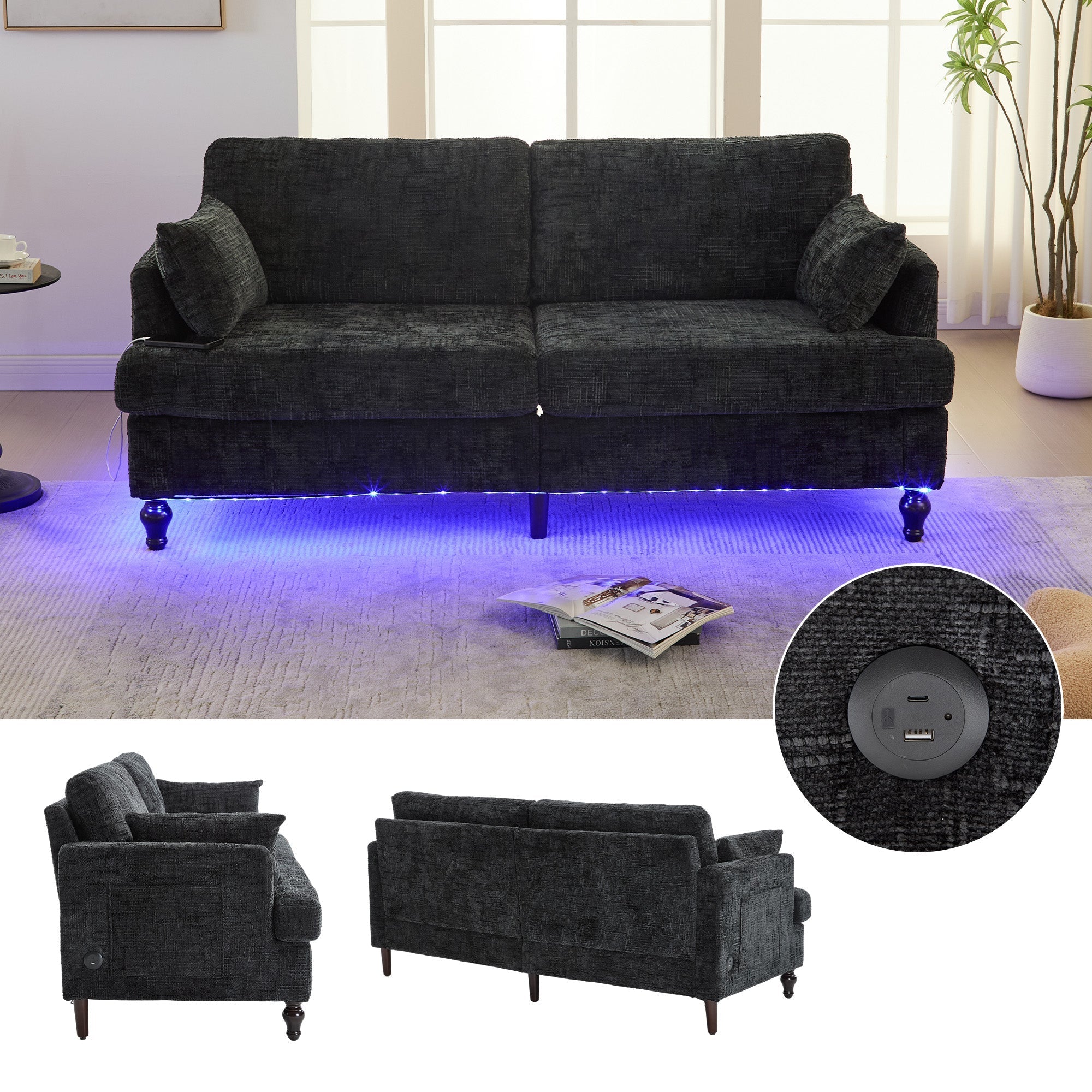 Sofa, 2-Seater with Wooden Legs, LED Light, USB, Storage Bag, Chenille