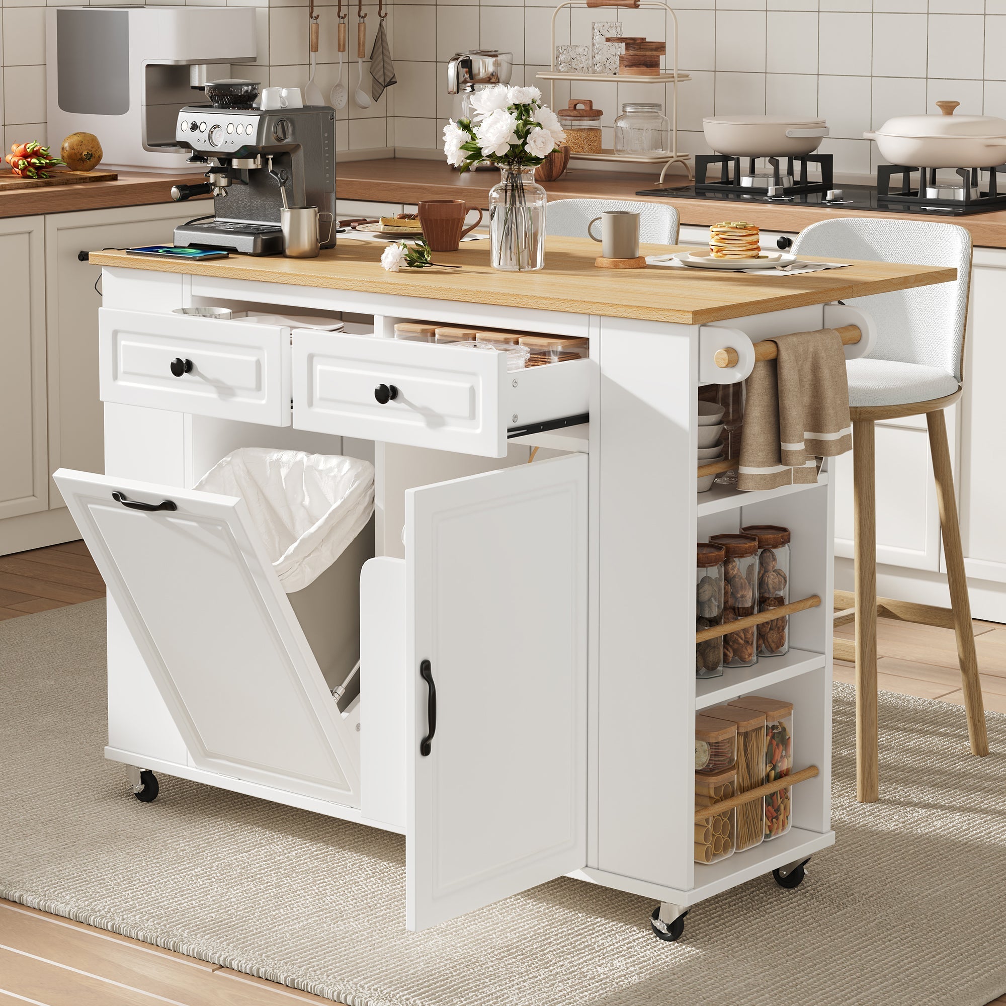 Kitchen Island Mobile Extendable Dining Table Waste Bin Towel Rack Power Strips - White