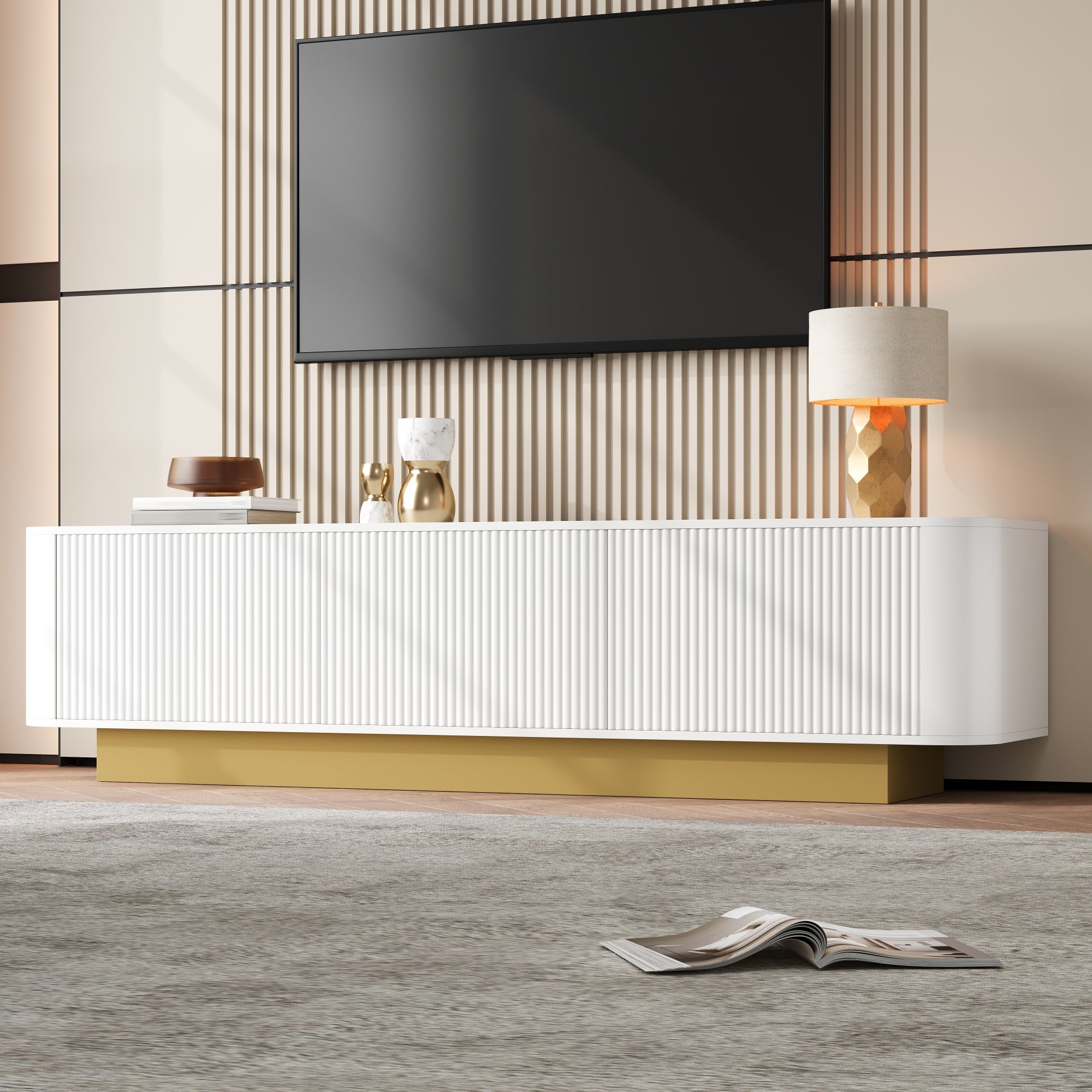 Modern TV Stand with Storage and Cable Management, Rounded Design, White